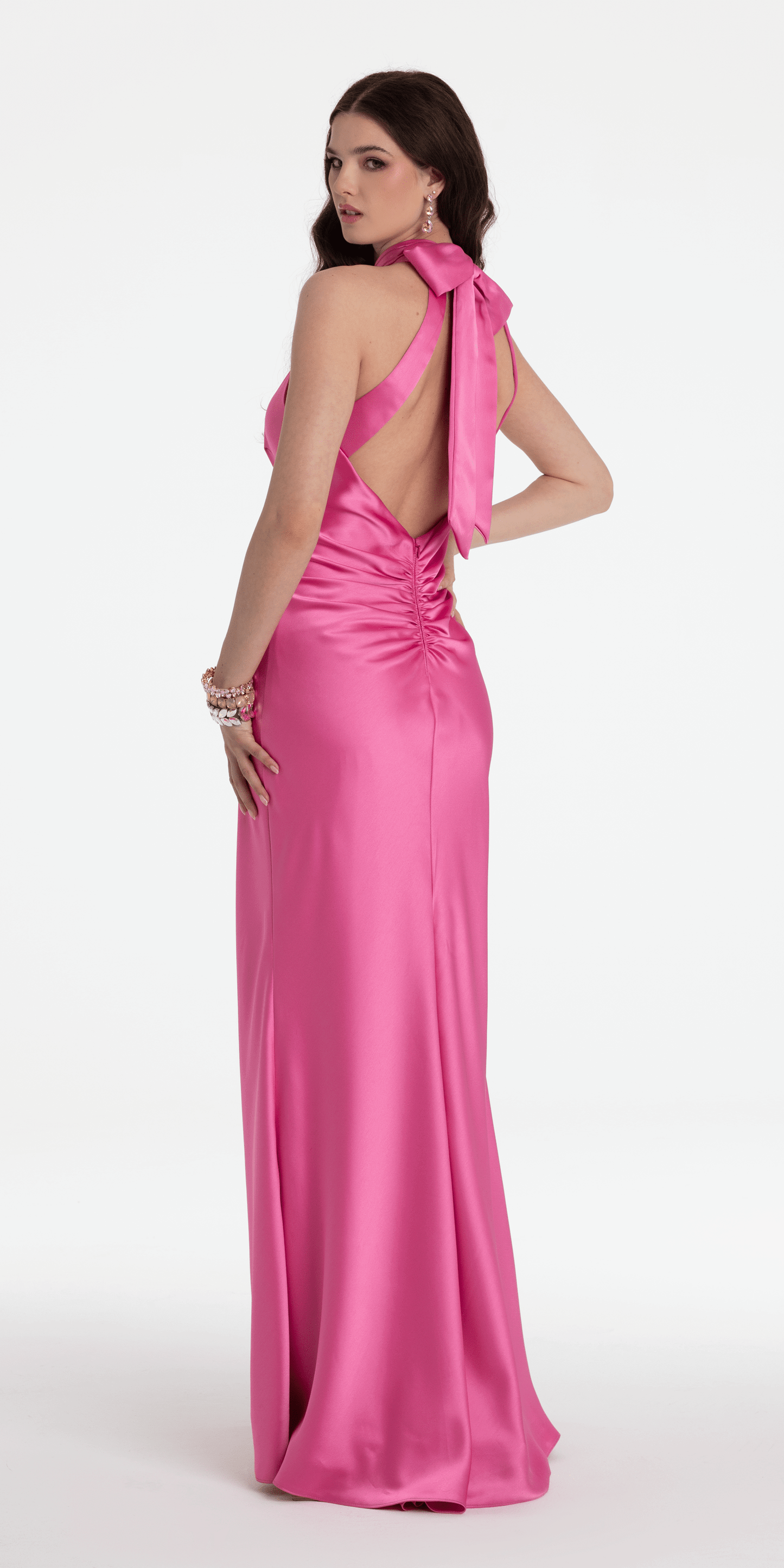 Camille La Vie /Charmeuse Satin Cutaway Halter Column Dress with Back Ruching / missy/ size/ 2/ pink/back alt