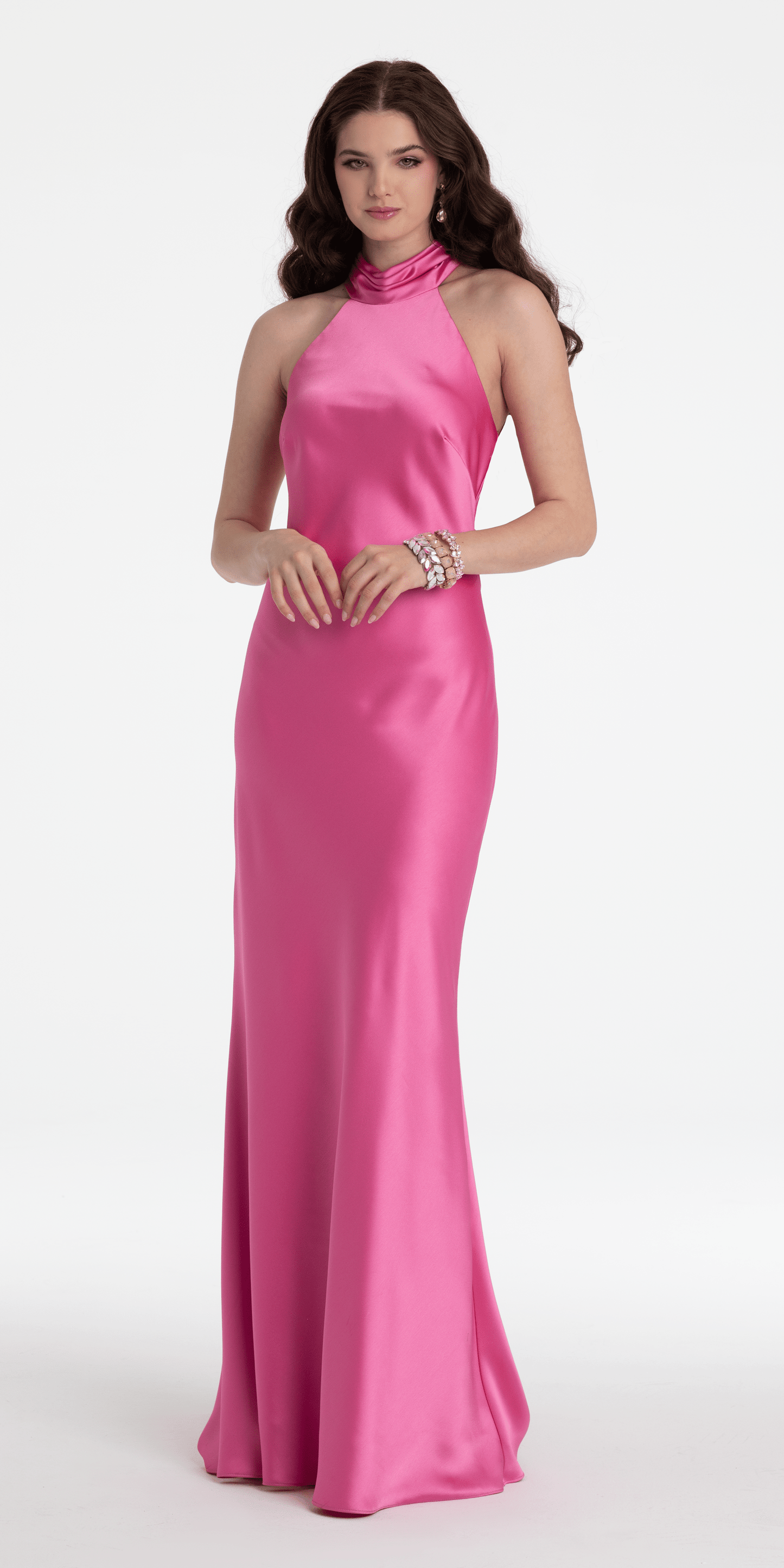 Camille La Vie /Charmeuse Satin Cutaway Halter Column Dress with Back Ruching / missy/ size/ 2/ pink/front