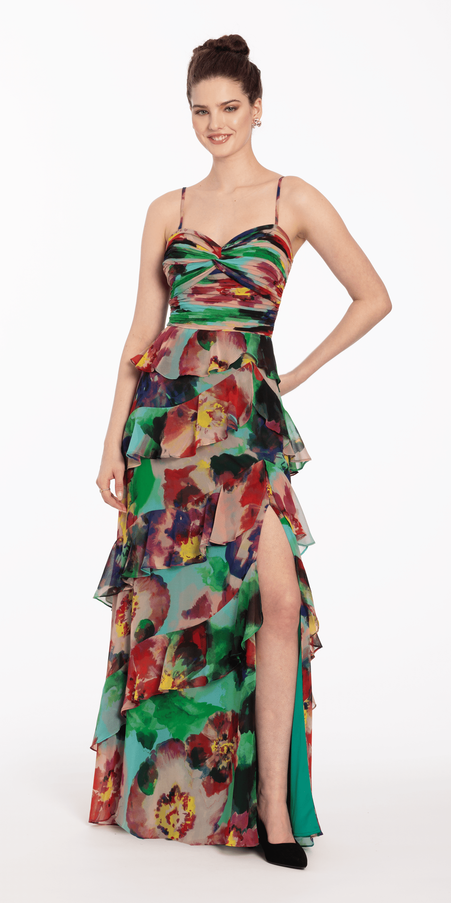 Camille La Vie/ Sweetheart Floral Print Dress with Tiered Ruffles/missy/size/ 4/green/front