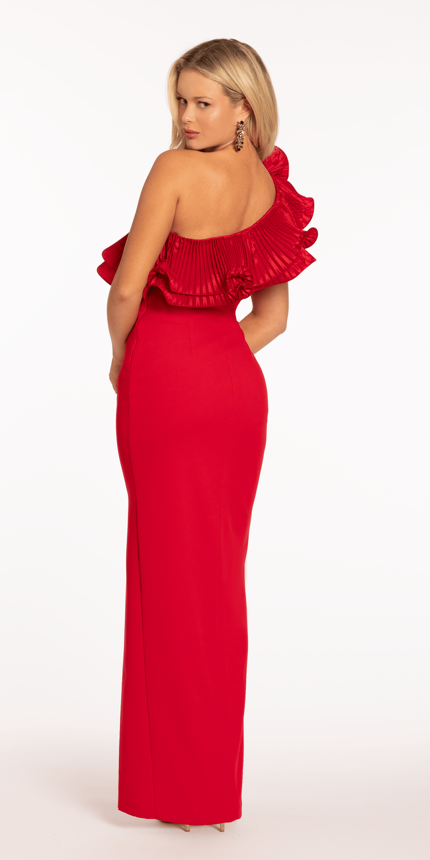 Camille La Vie/ Scuba One Shoulder Column Dress with Pleated Ruffle Flower /missy /size/ 6 /red/ back