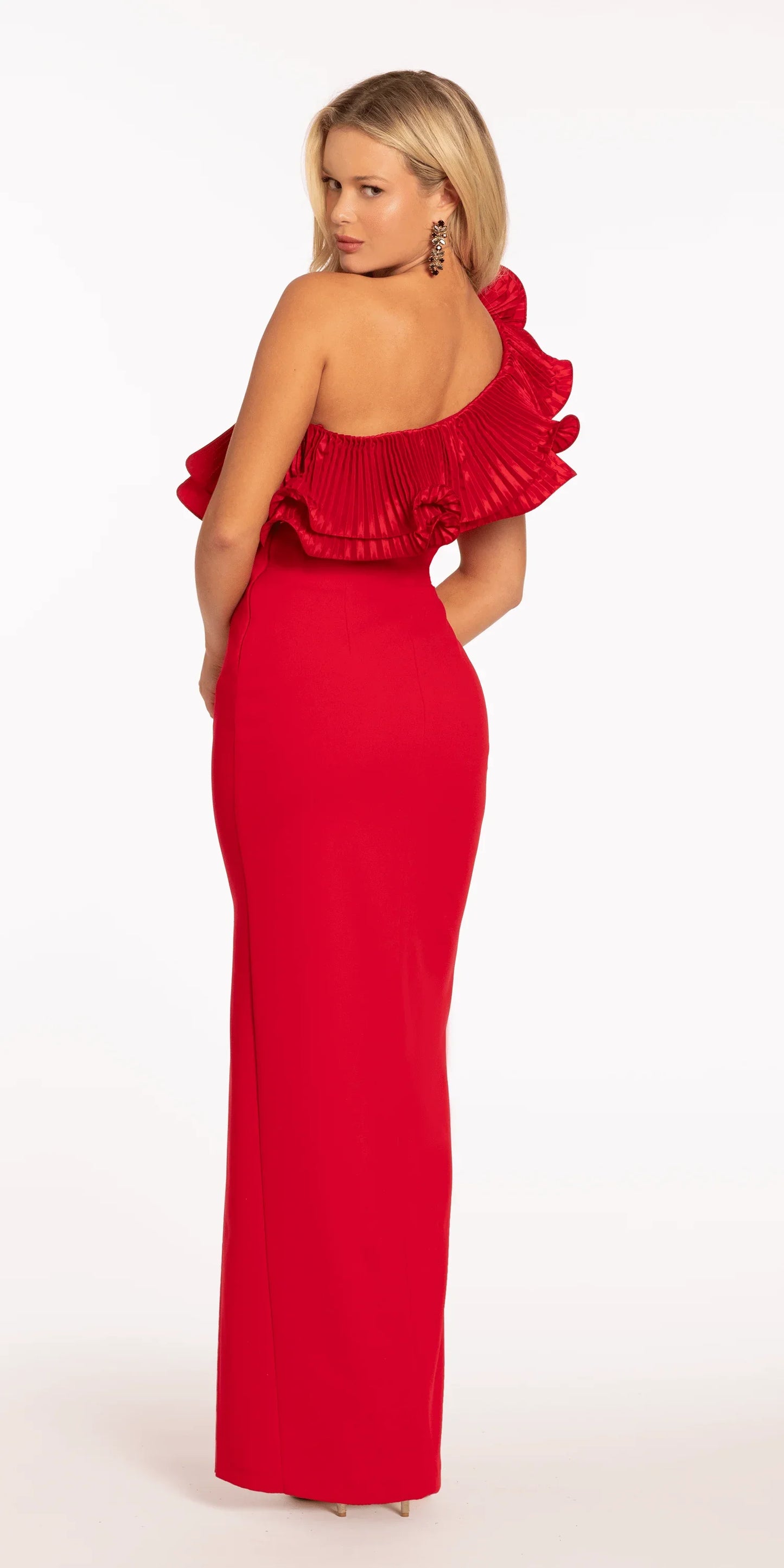 Scuba One Shoulder Column Dress with Pleated Ruffle Flower - Camille La Vie