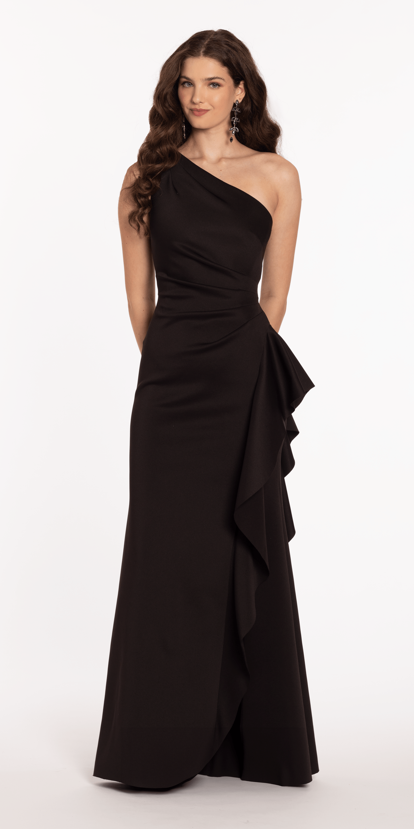Camille La Vie /One Shoulder Scuba Trumpet Dress with Side Cascade/missy/size /4/ black/front alt