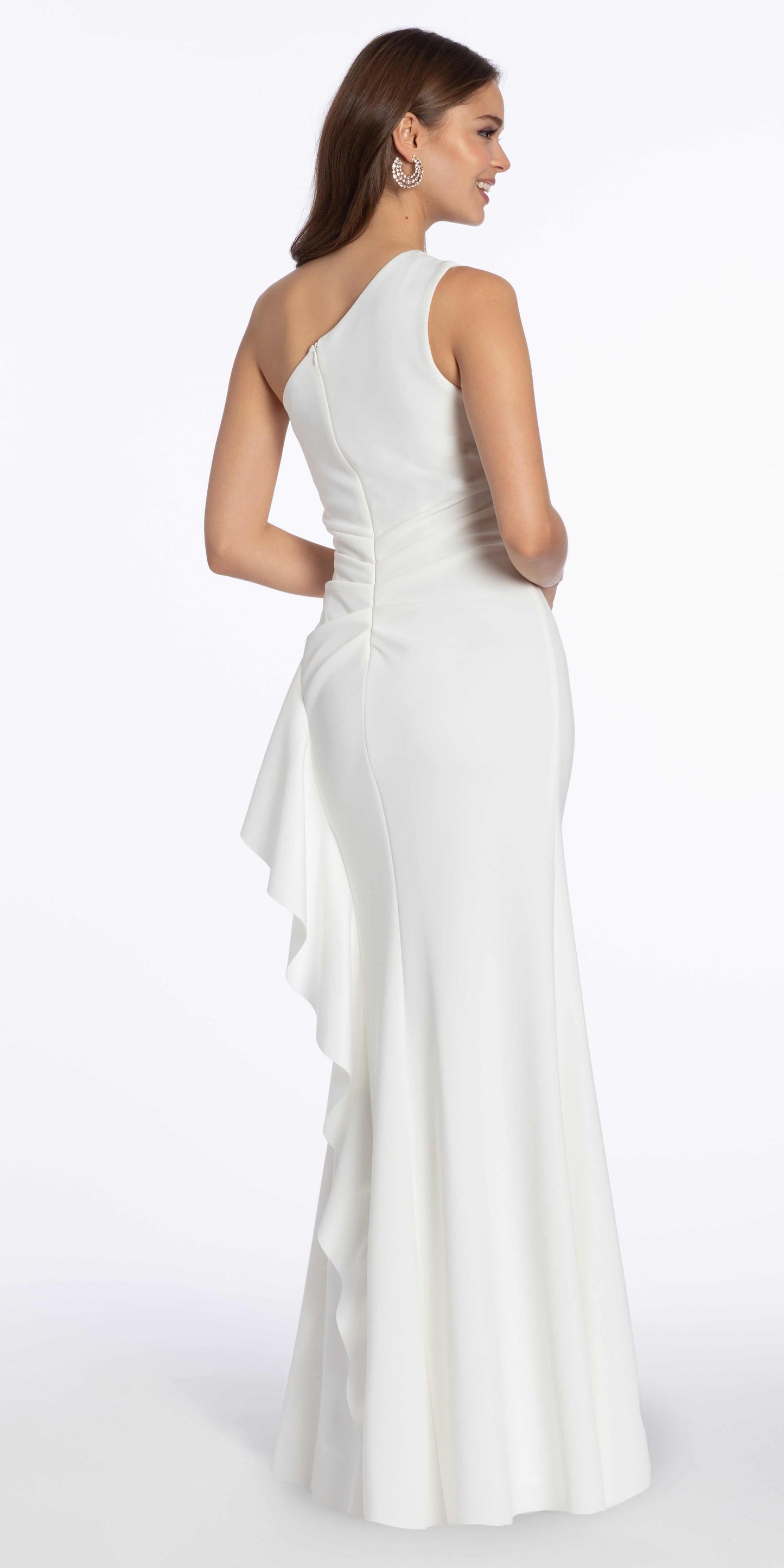 Camille La Vie /One Shoulder Scuba Trumpet Dress with Side Cascade/missy/size /4/ ivory/back