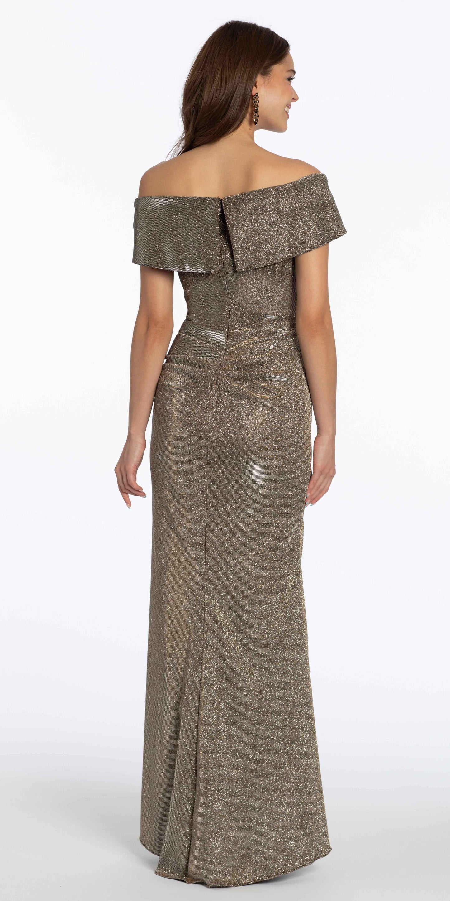 sand/size/4/missy/Camille La Vie/Metallic Off the Shoulder Column Dress with Side Drape/back