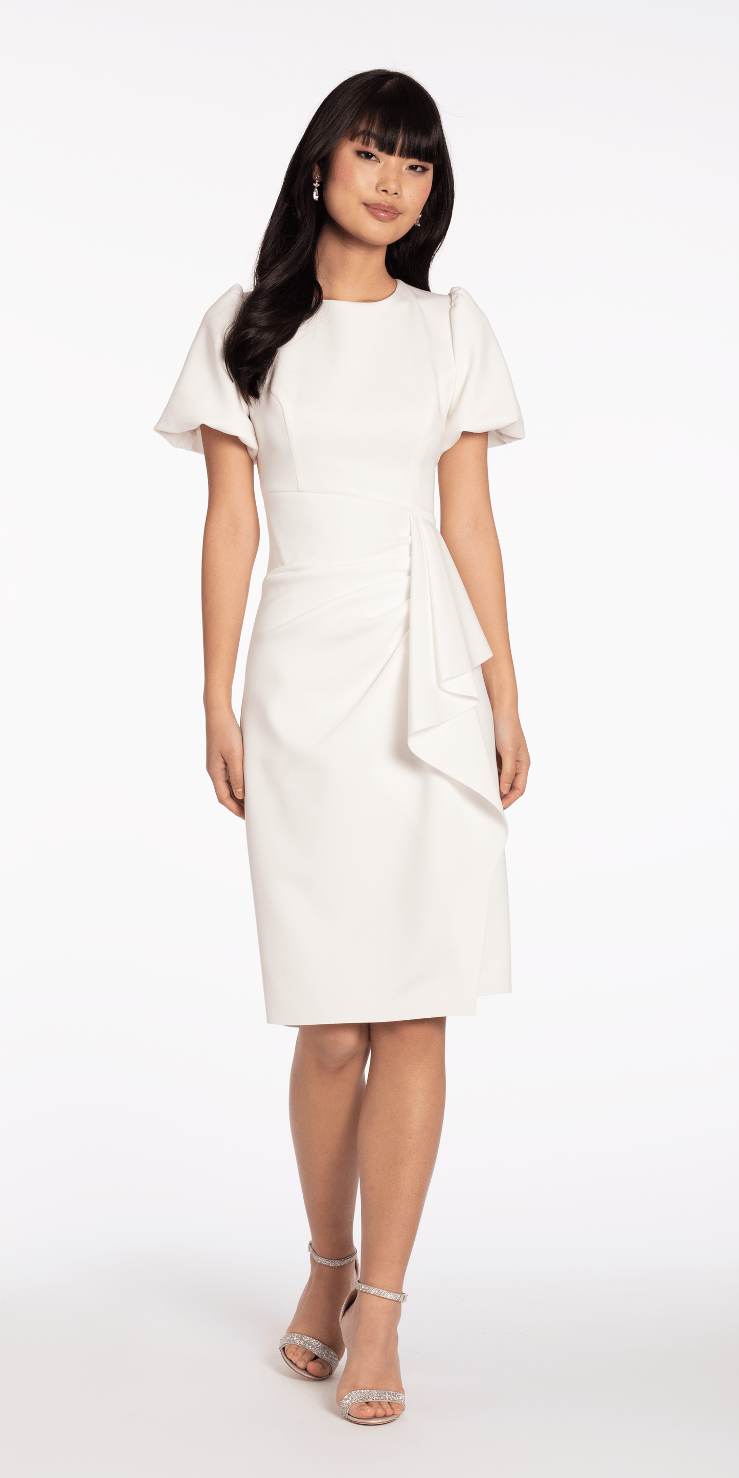 ivory Size 6 missy Camille La Vie Short Puff Sleeve Scuba Midi Dress with Side Cascade