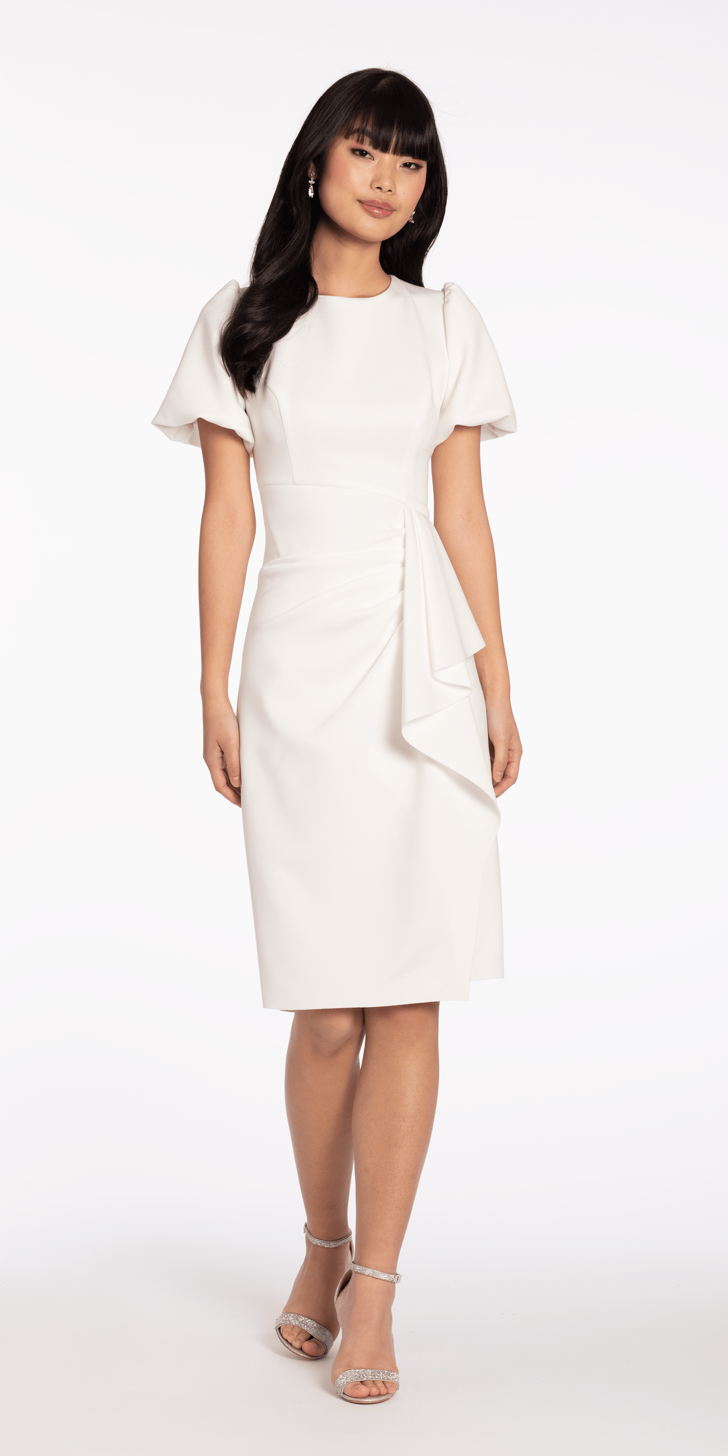 Camille La Vie Short Puff Sleeve Scuba Midi Dress with Side Cascade