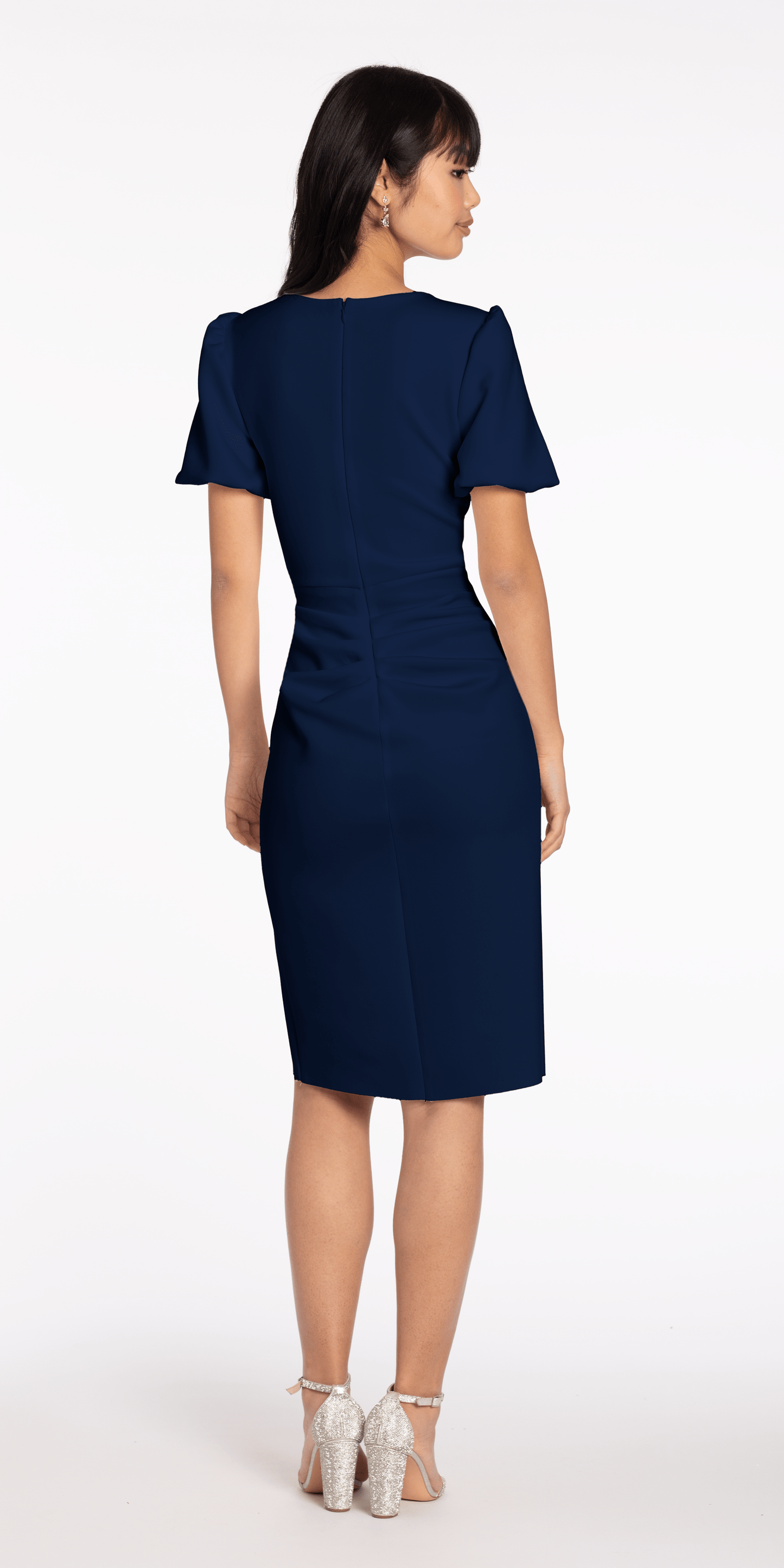 Camille La Vie /Short Puff Sleeve Scuba Midi Dress with Side Cascade/missy/size/4/navy/black