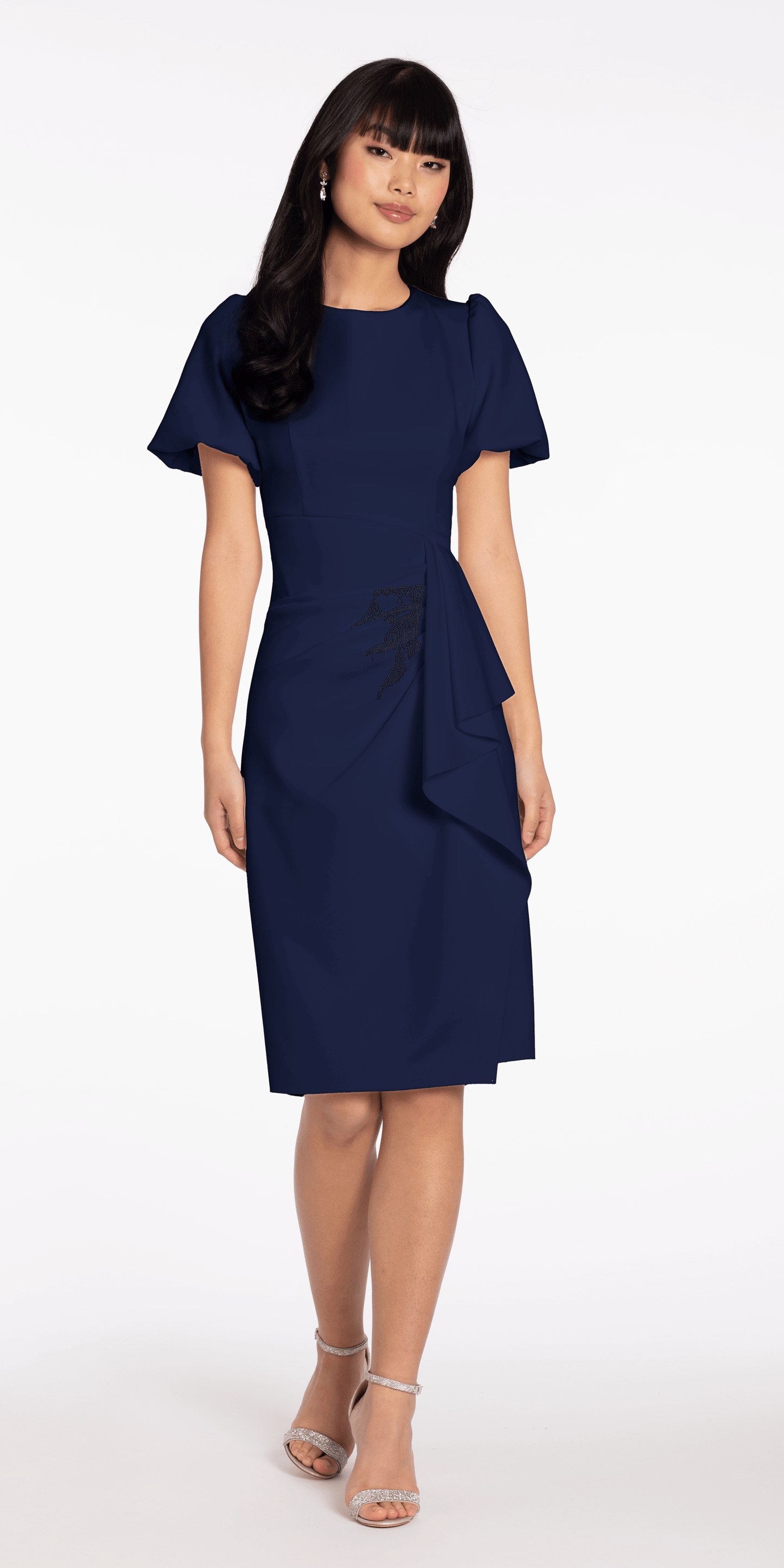 Camille La Vie /Short Puff Sleeve Scuba Midi Dress with Side Cascade /missy / size/4 / navy/front