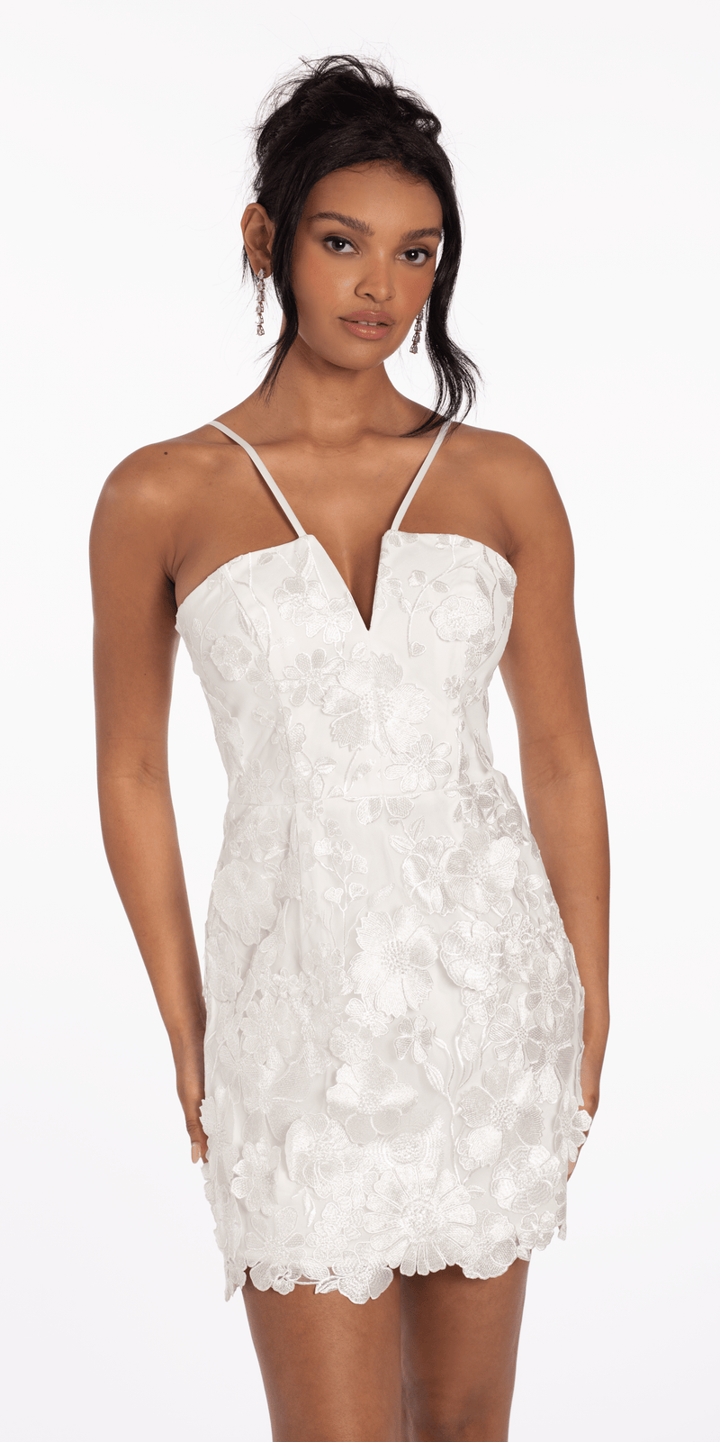 V Notch Halter Mesh 3D Floral Dress with Scalloped Hem Image 4