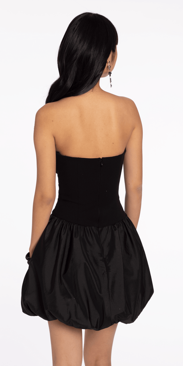 Strapless Scuba Fit and Flare Dress with Taffeta Bubble Hem - View 3 | Shop Formal Dress