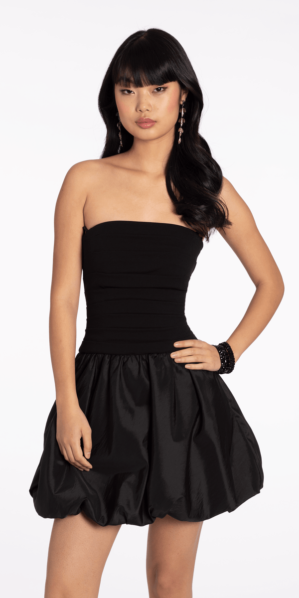 Strapless Scuba Fit and Flare Dress with Taffeta Bubble Hem - View 4 | Shop Formal Dress