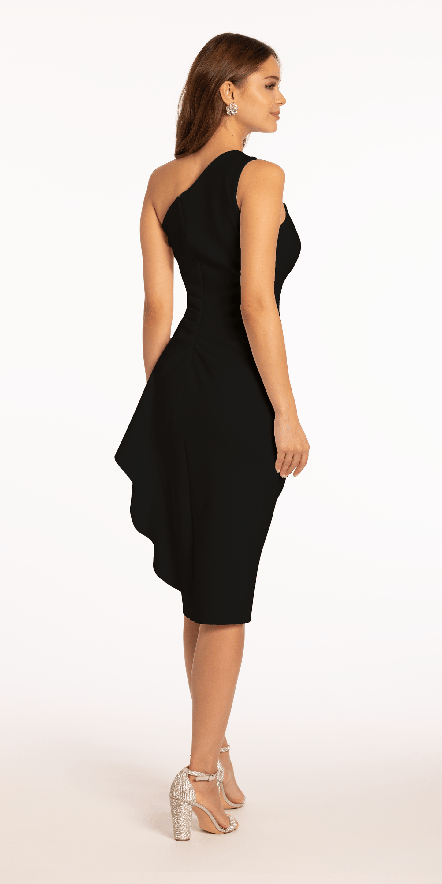 black/size/4/missy/Camille La Vie/Scuba One Shoulder Ruched Midi Dress with Side Cascade/back