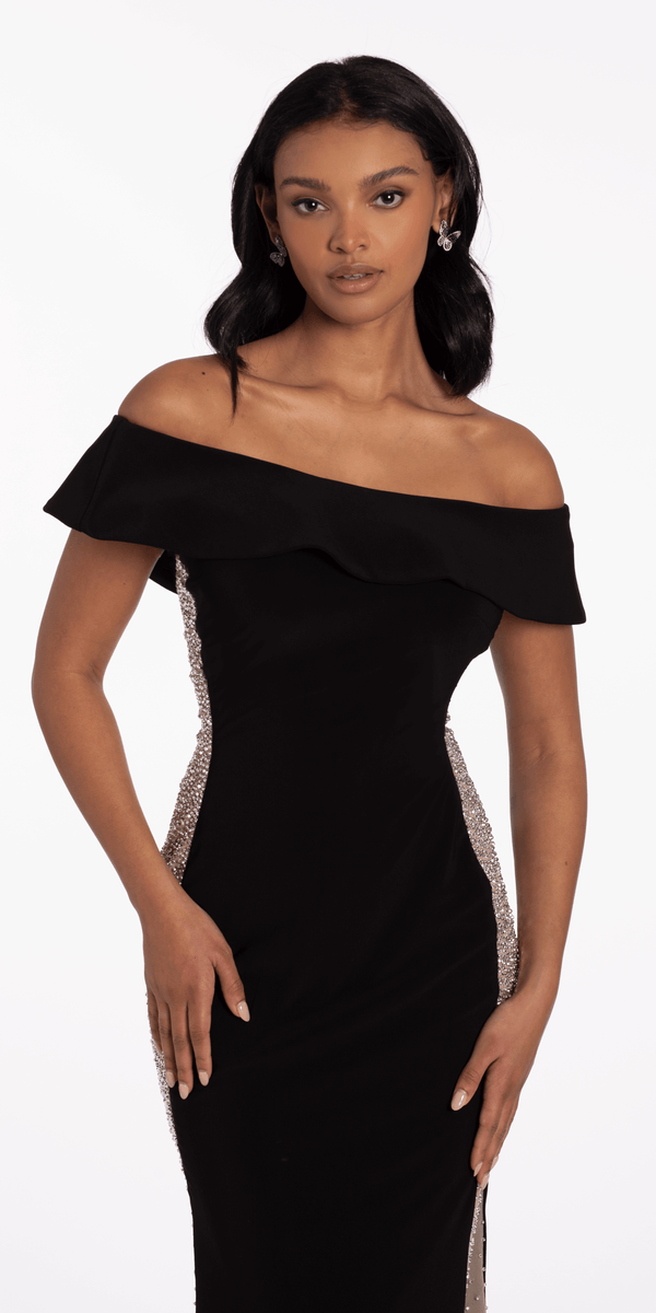 Jersey Off the Shoulder Column Dress with Beaded Side Panels - View 3 | Shop Formal Dress
