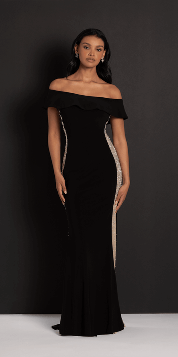 Jersey Off the Shoulder Column Dress with Beaded Side Panels - View 6 | Shop Formal Dress