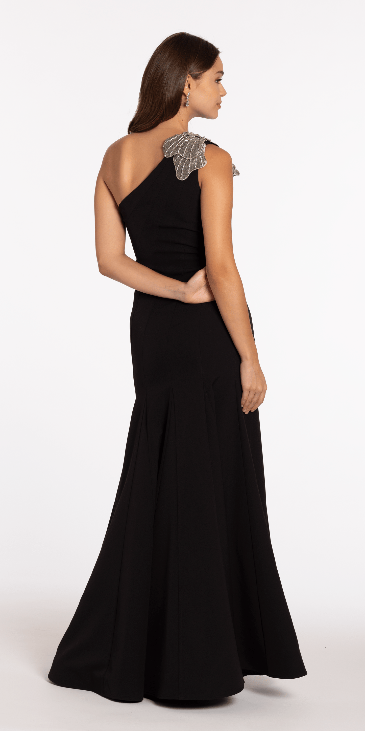 Camille La Vie Jersey One Shoulder Mermaid Dress with Beaded Floral Applique