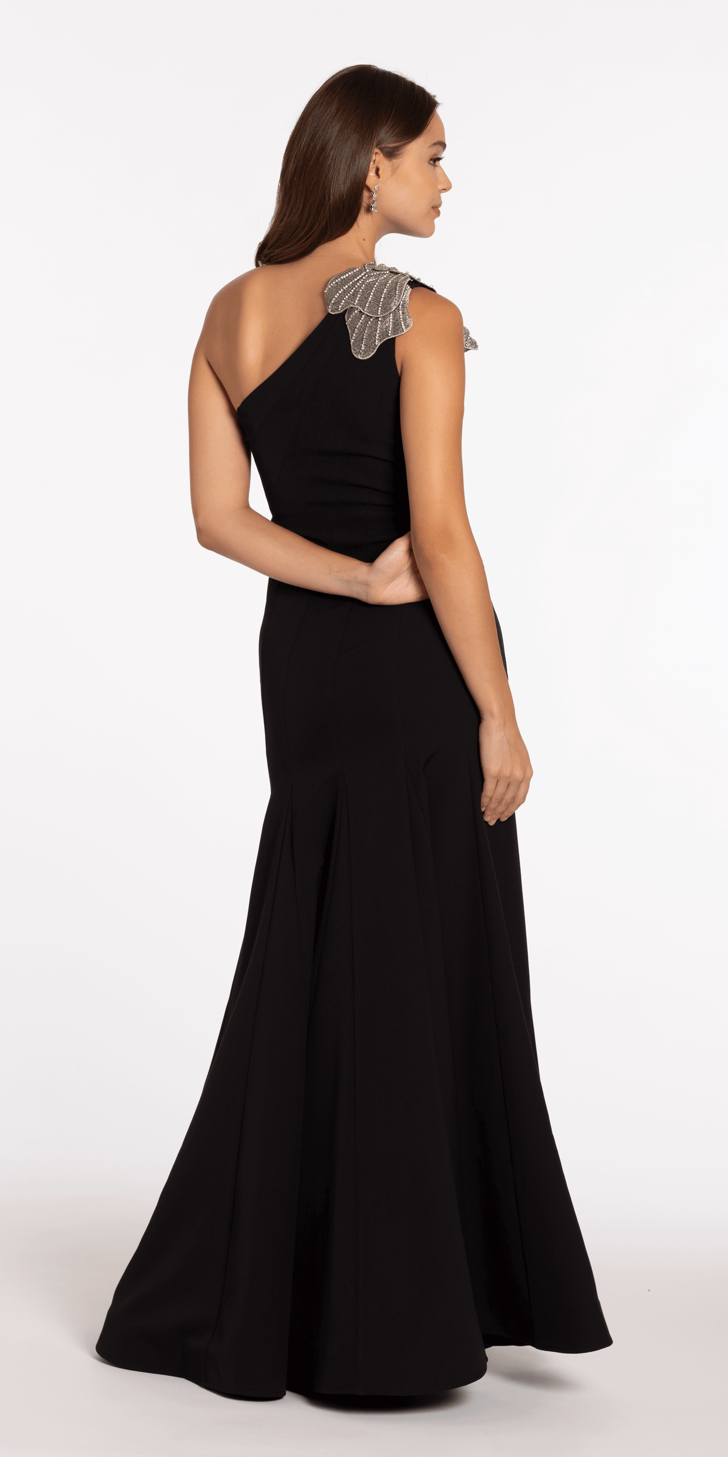 black/size/2/missy/Camille La Vie/Jersey One Shoulder Mermaid Dress with Beaded Floral Applique/back