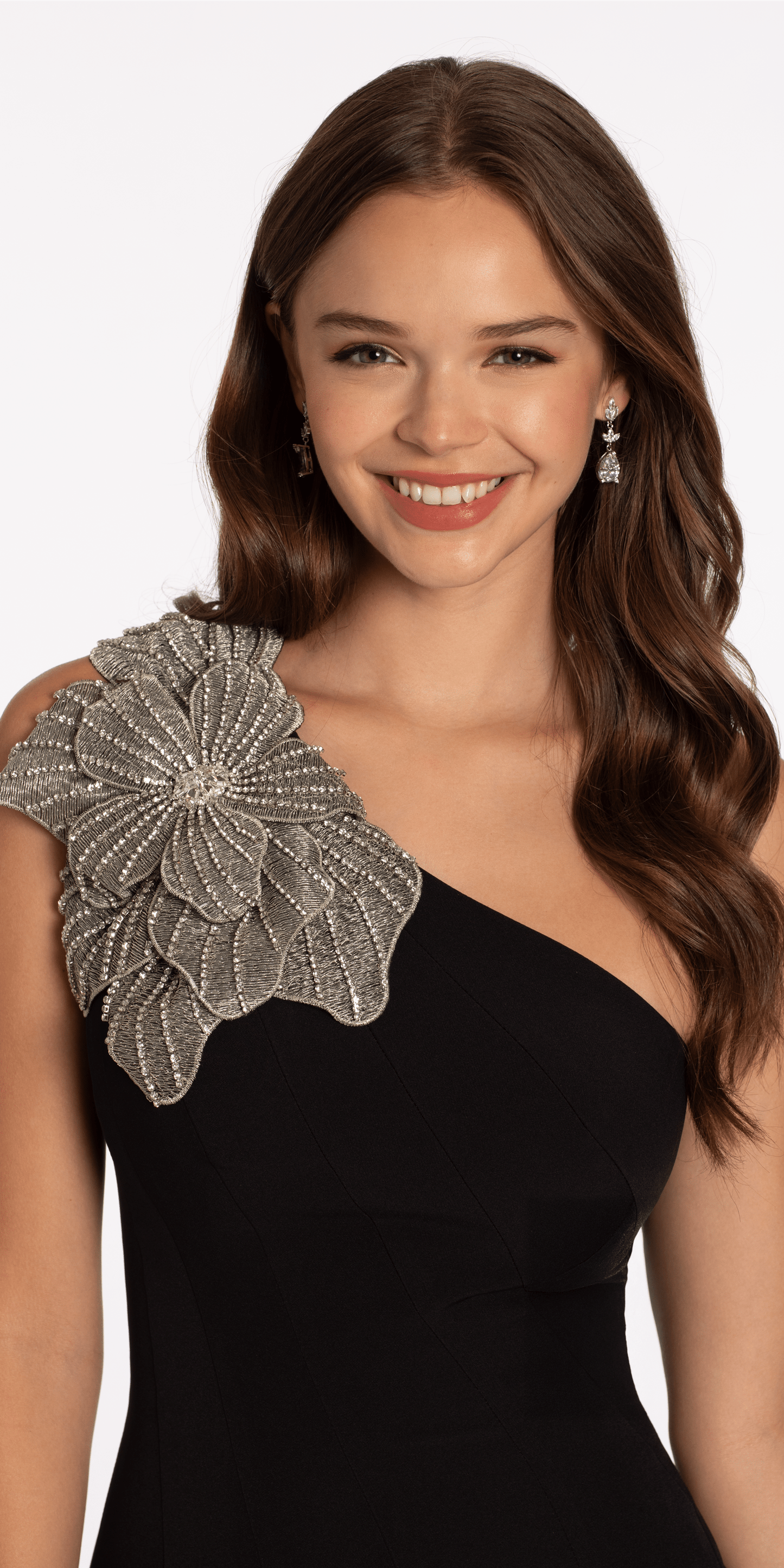 Camille La Vie Jersey One Shoulder Mermaid Dress with Beaded Floral Applique
