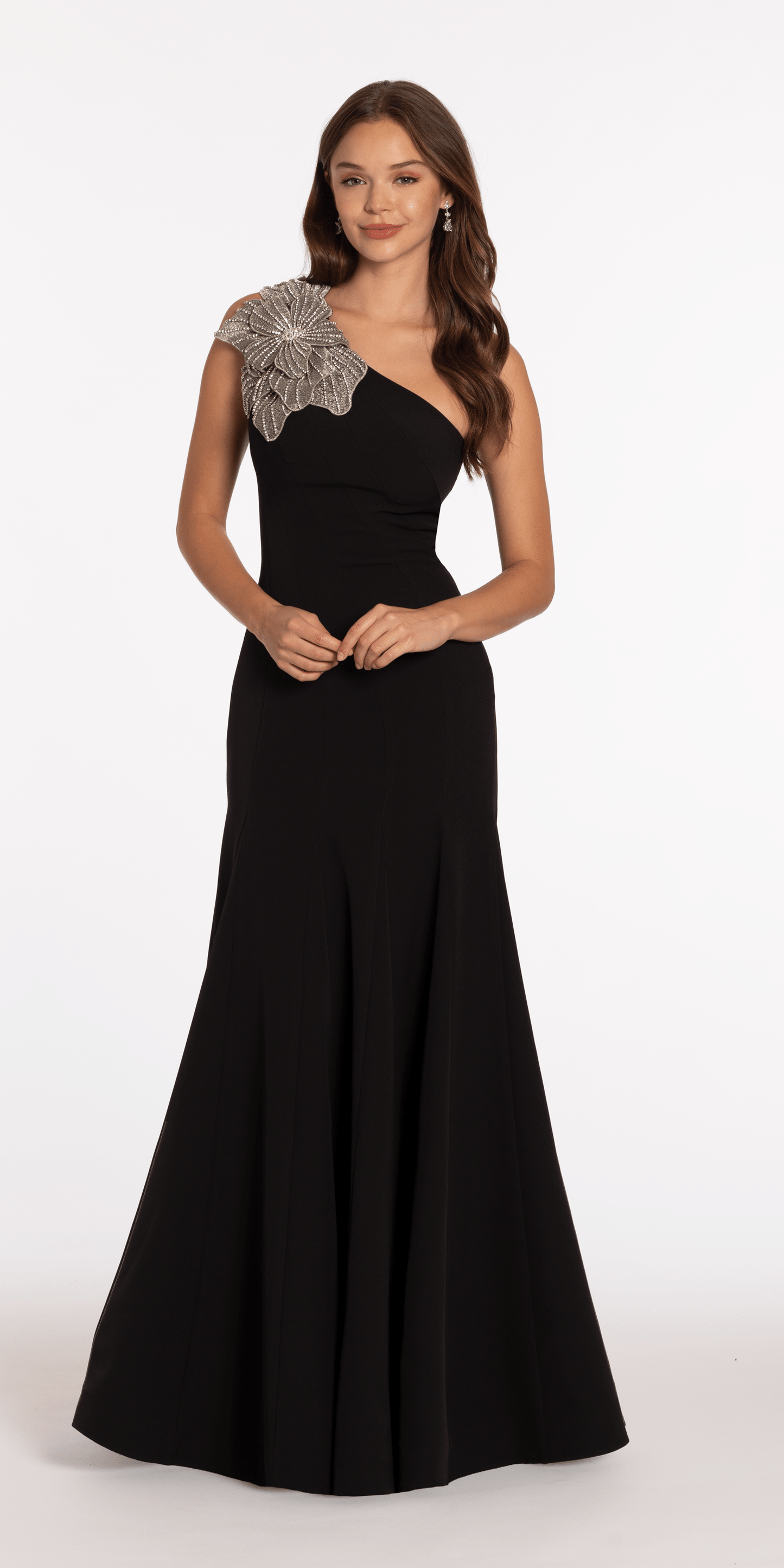 Camille La Vie Jersey One Shoulder Mermaid Dress with Beaded Floral Applique