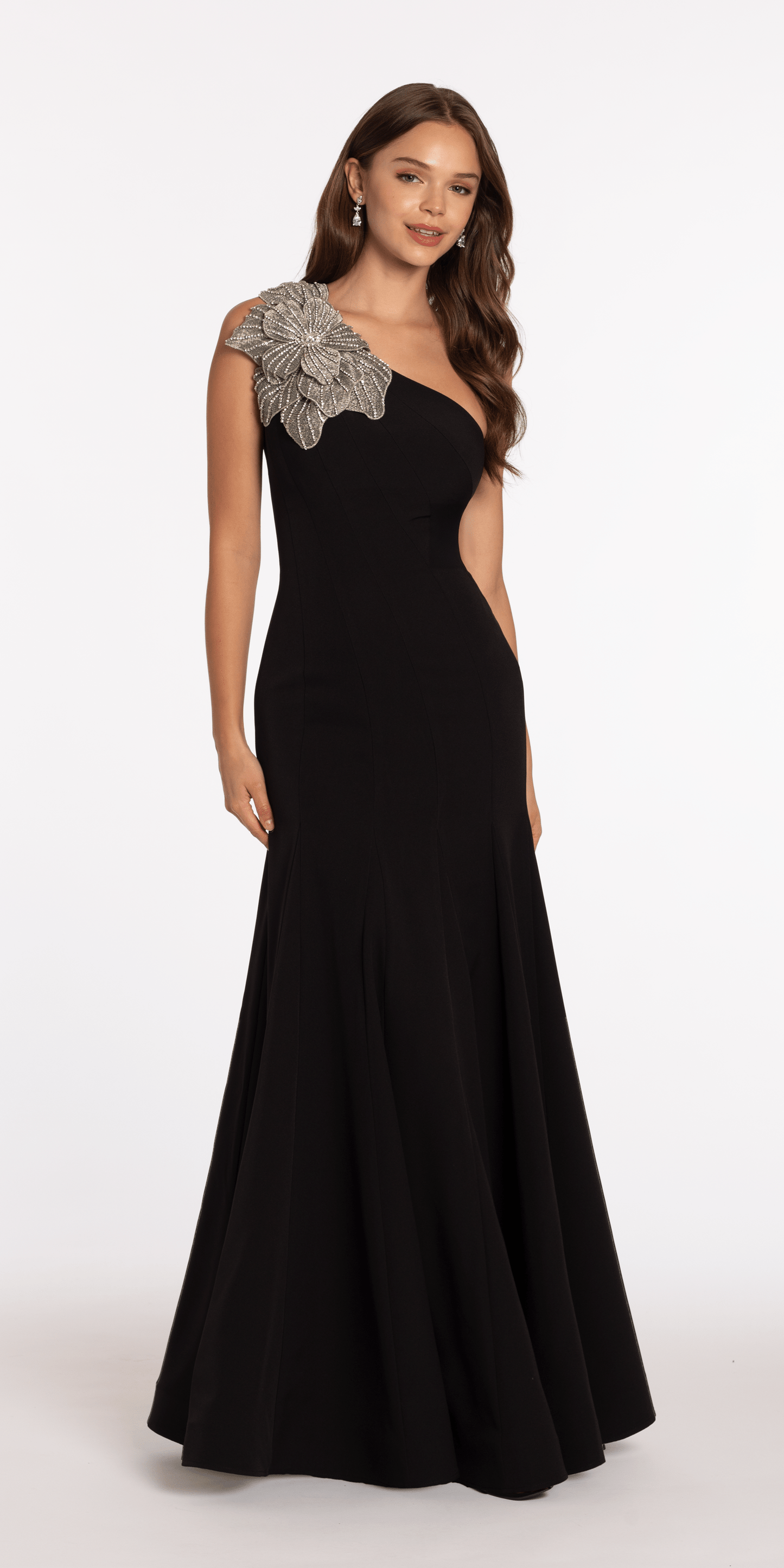 Camille La Vie Jersey One Shoulder Mermaid Dress with Beaded Floral Applique missy / 2 / black