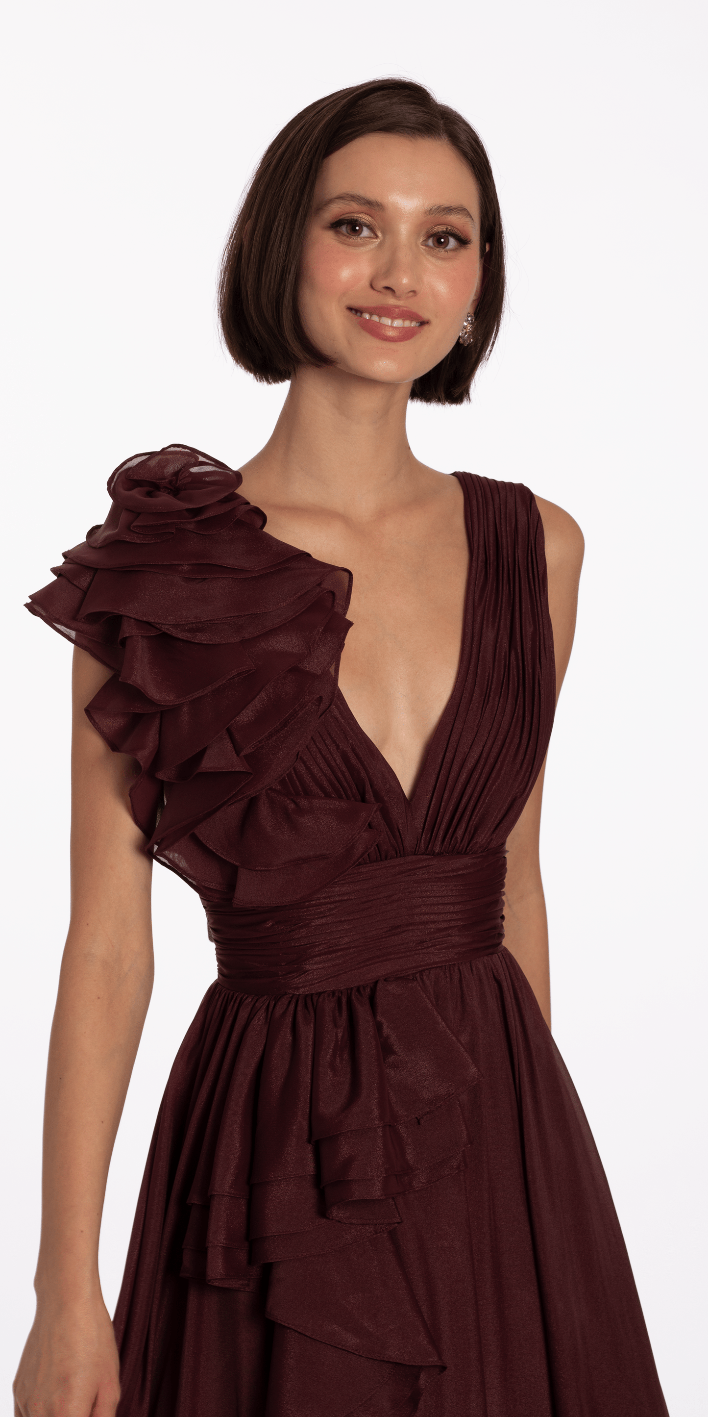 Camille La Vie /Pleated Organza V Neck Ballgown with 3D Ruffle/ missy /size /4 wine /close up