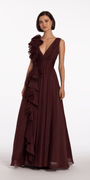 Pleated Organza V Neck Ballgown with 3D Ruffle Image 4