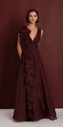 Pleated Organza V Neck Ballgown with 3D Ruffle Image 1