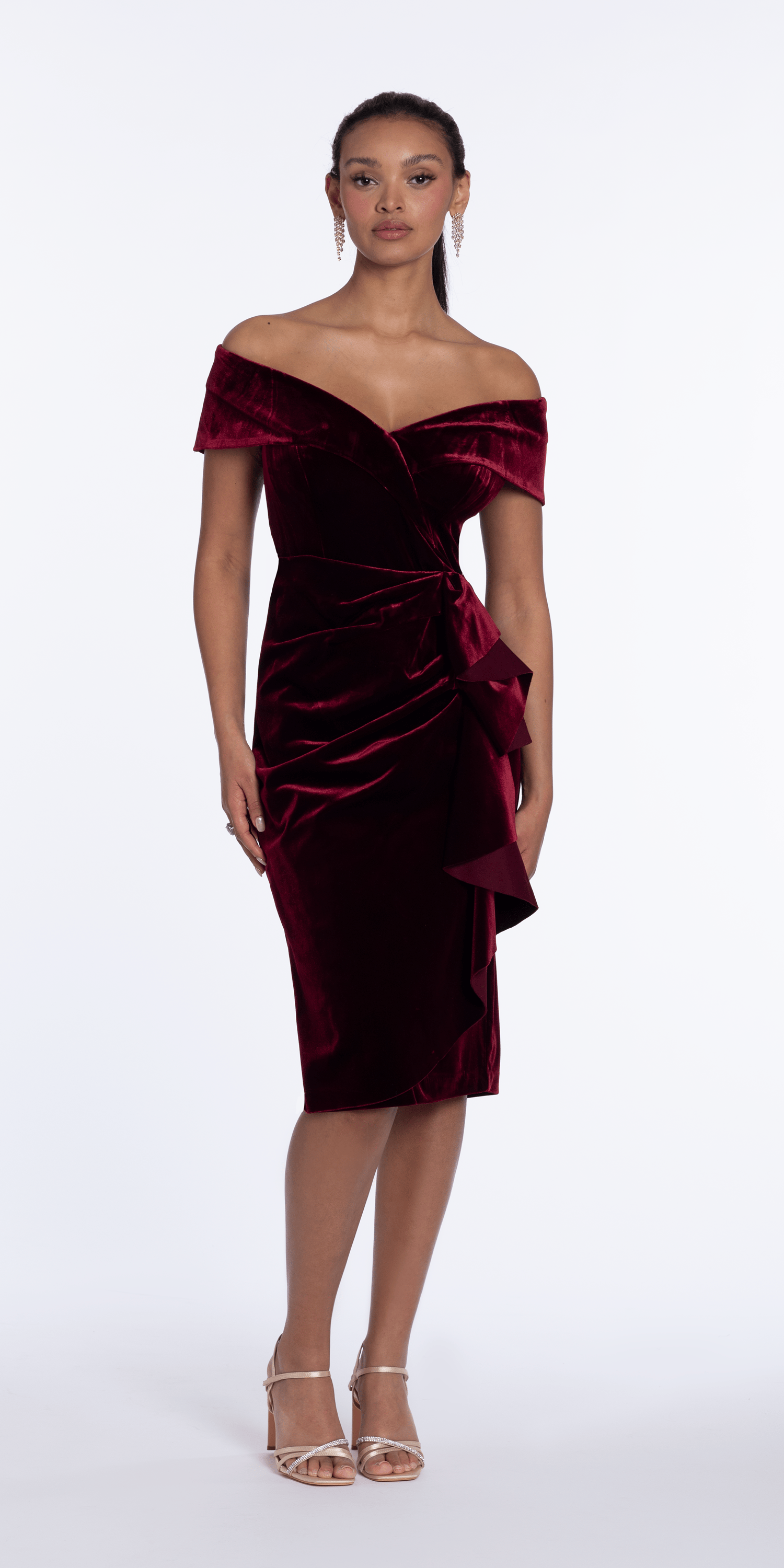 Xscape Women's Velvet Off Shoulder Neck Dress - Burgundy