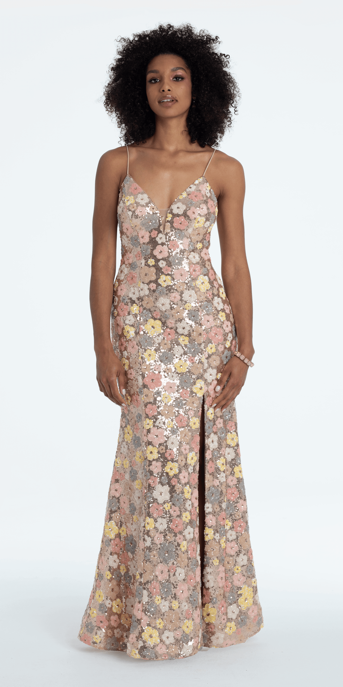 Camille La Vie /Plunging Sequin Daisy Lace Up Back Trumpet Dress/ missy /size/ 0/gold/front alt