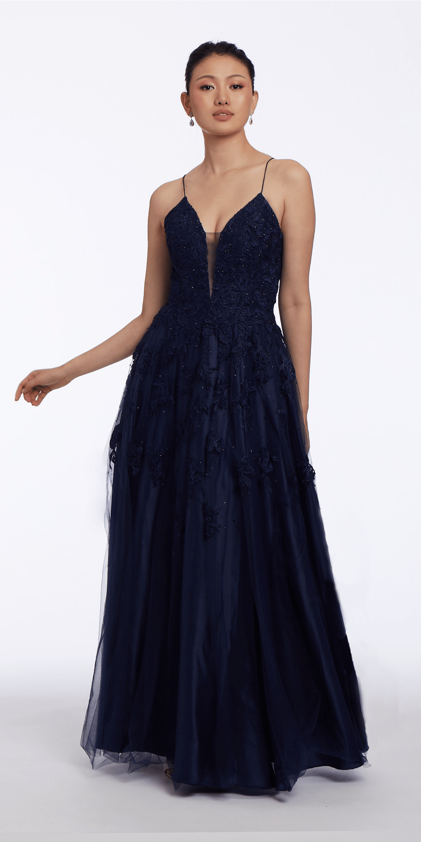 navy Size 0 missy Camille La Vie Mesh Applique Plunging Lace Up A Line Dress