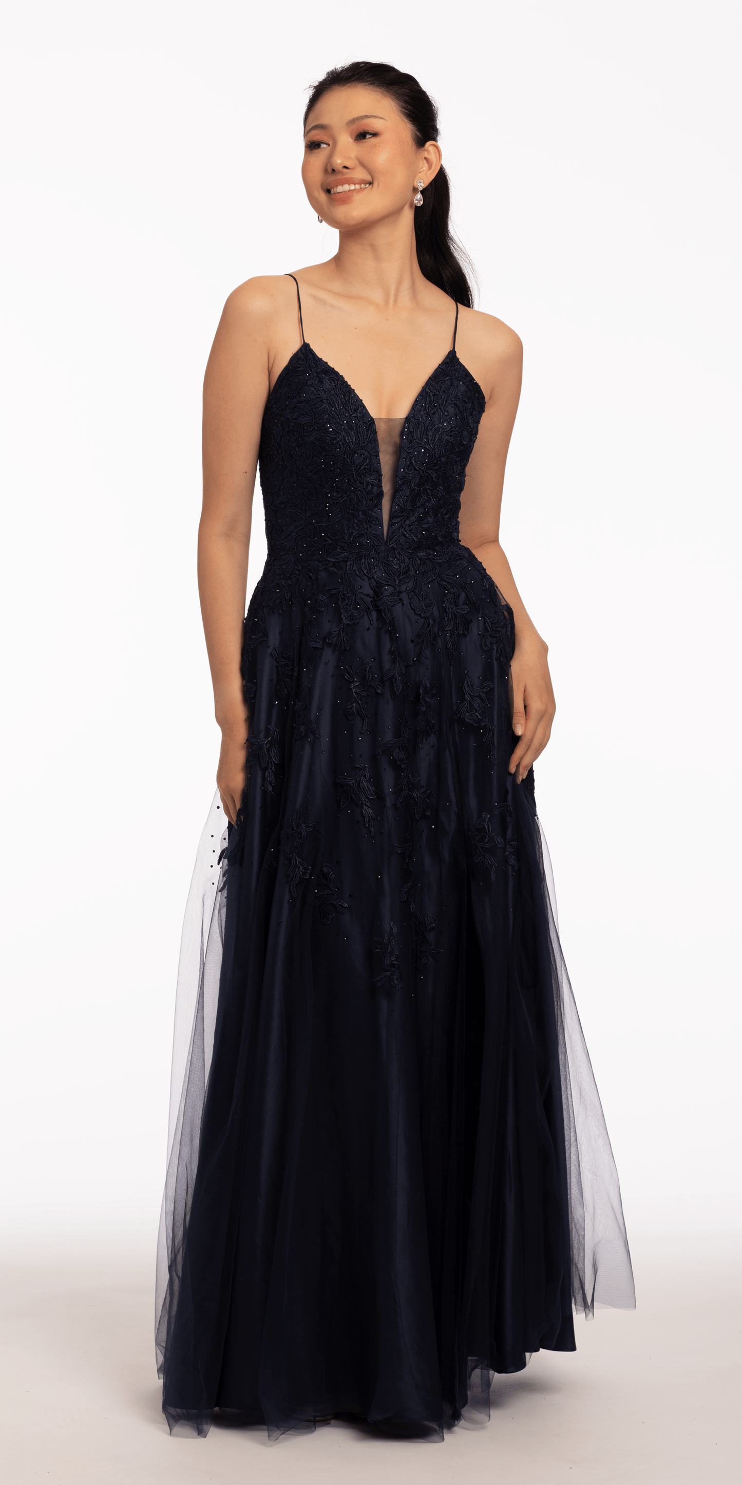 navy Size 0 missy Camille La Vie Mesh Applique Plunging Lace Up A Line Dress