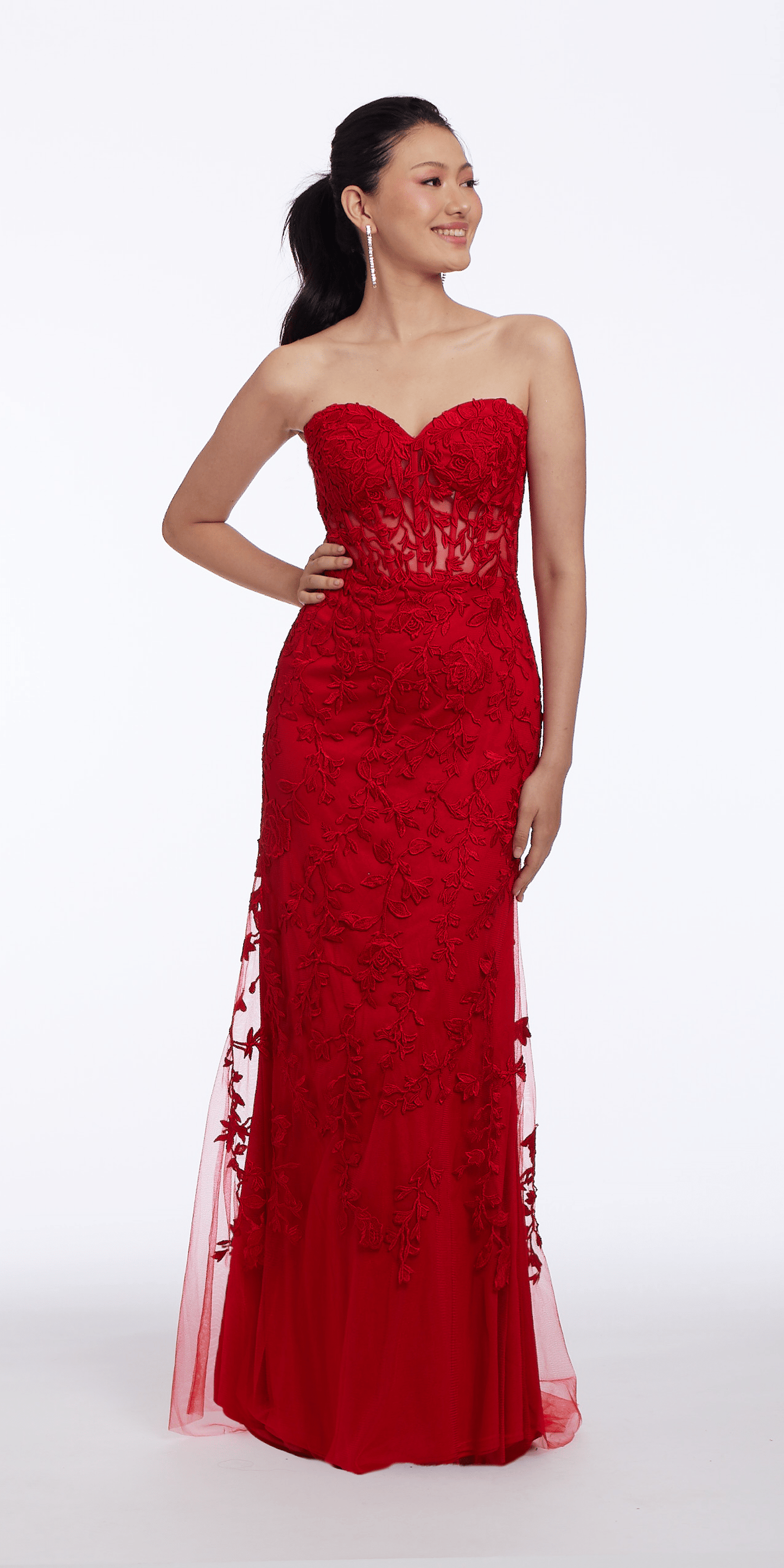 Camille La Vie Rose Embroidered Illusion Corset Dress with Sweep Train