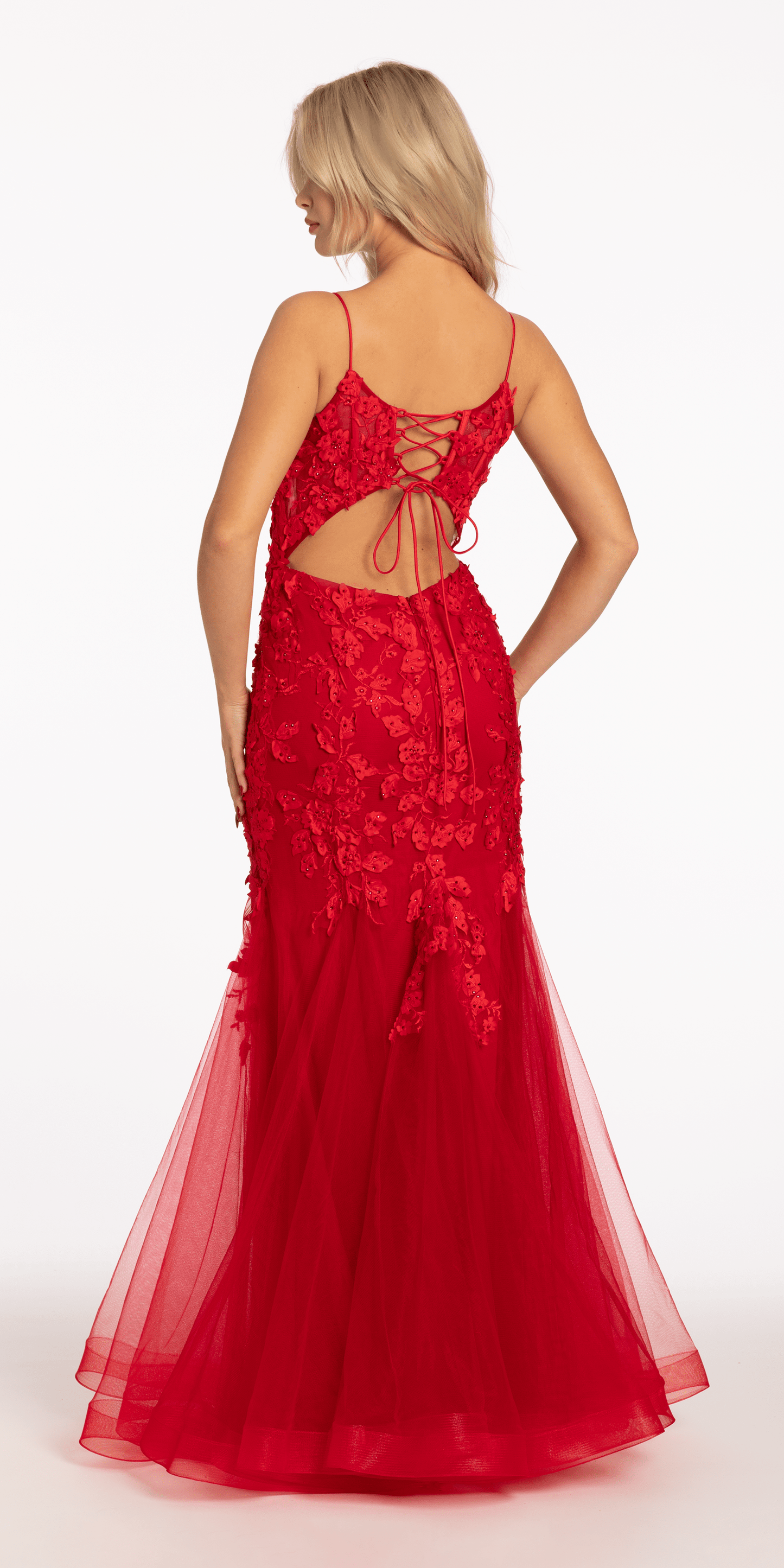 Camille La Vie /Beaded Embroidered Mesh Lace Trumpet Dress with Godets /missy /size/ 0 /red/ back