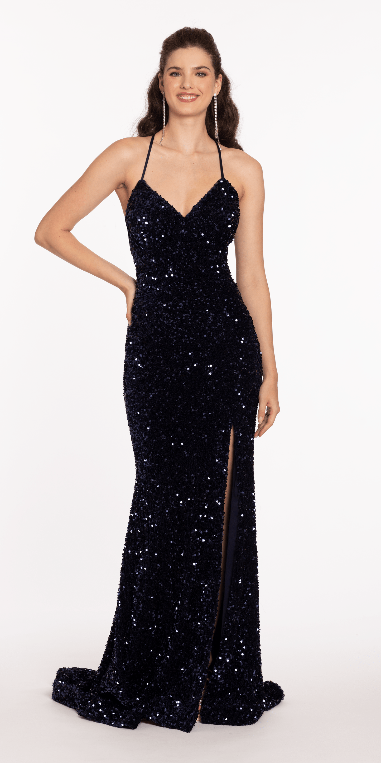 navy Size 00 missy Camille La Vie Sequin Lace Up Dress with Side Slit