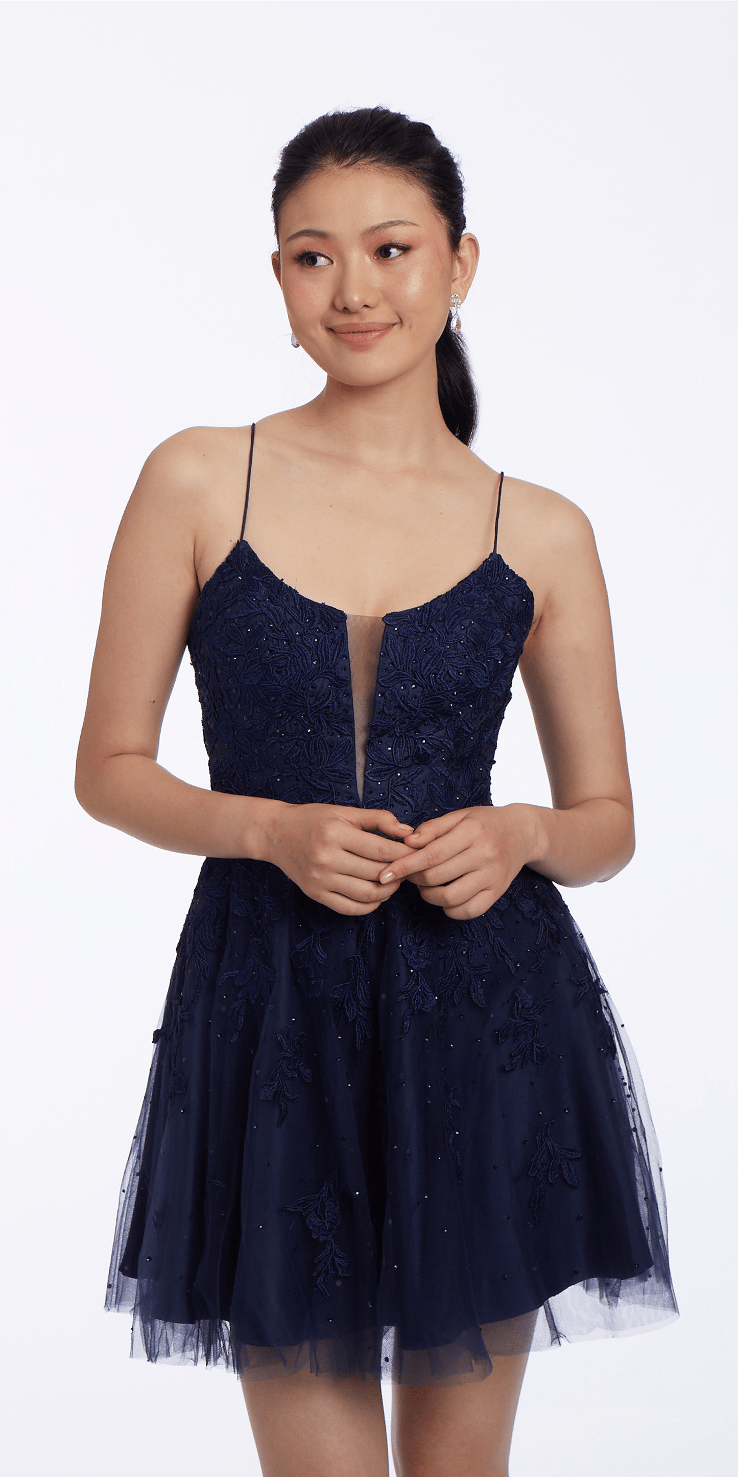 Camille La Vie Criss Cross Lace Up Back Mesh Applique Fit and Flare Dress missy / 0 / navy