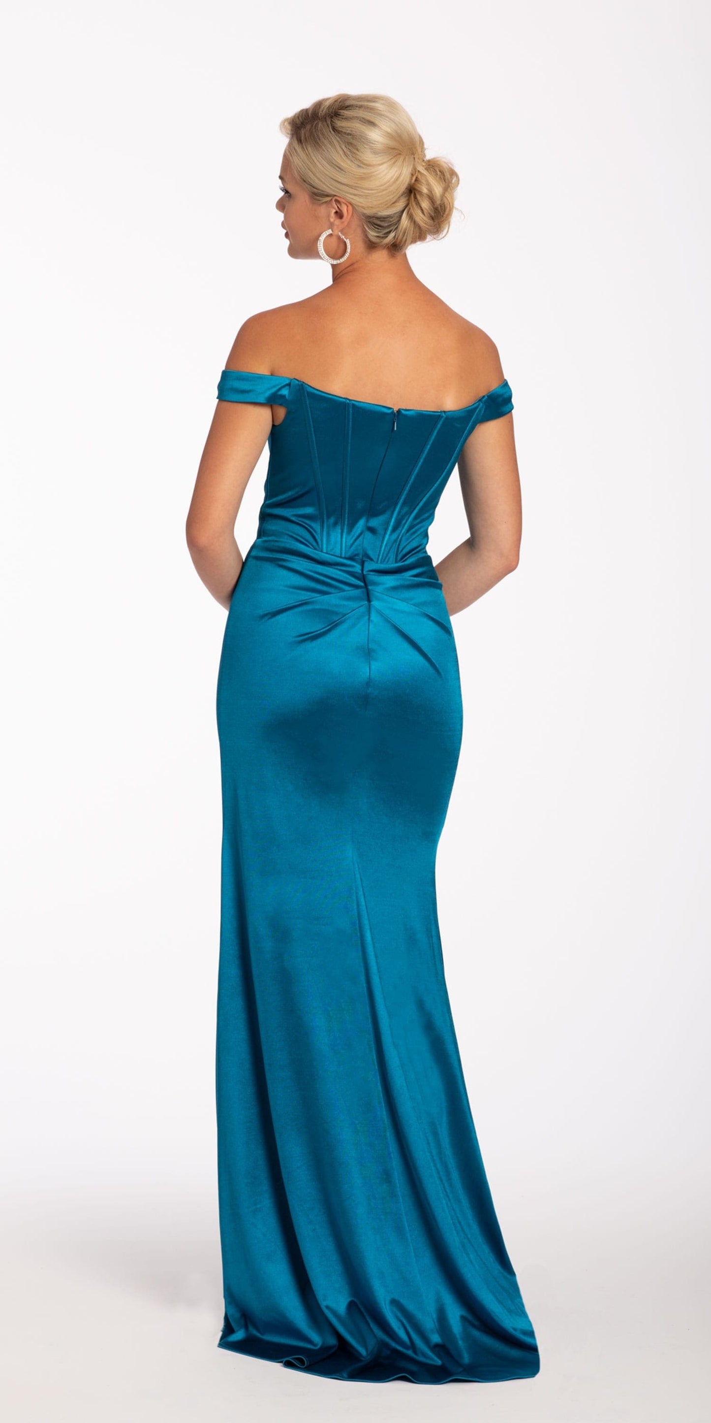 Camille La Vie Sateen Knit Off the Shoulder Corset Dress with Side Slit