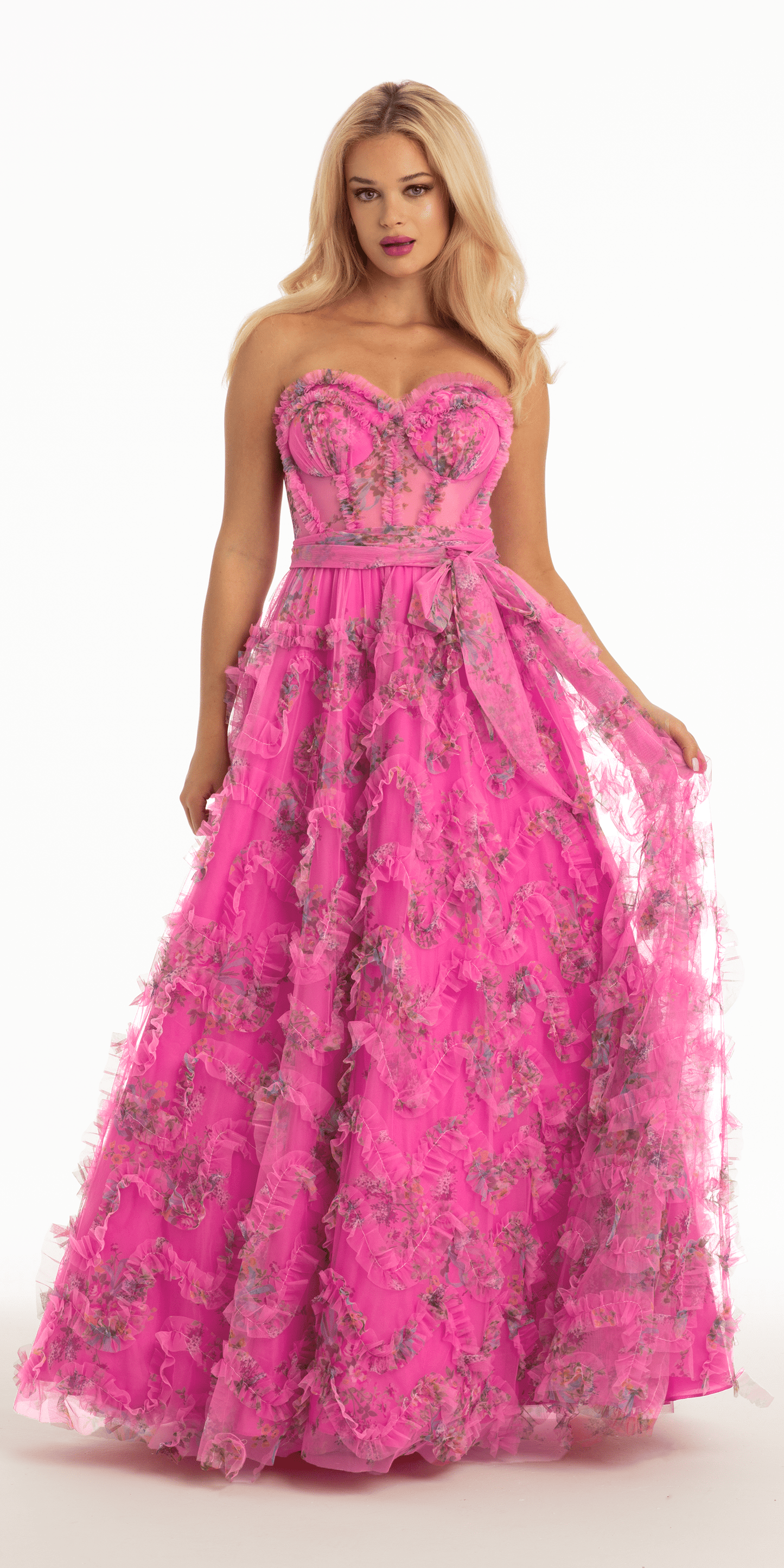 pink Size 0 missy Camille La Vie Floral Tulle Corset Ballgown with Waist Tie