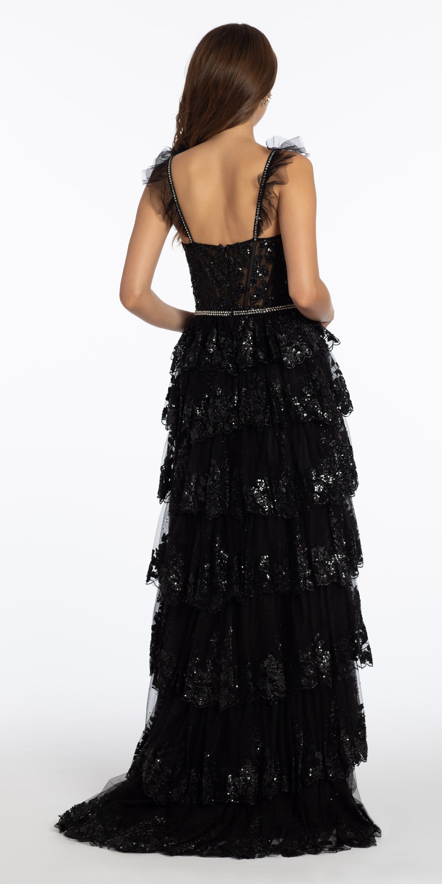 black/size/00/missy/Camille La Vie/Glitter Mesh Corset Tiered Ballgown with Sequin and Ruffle Detail/back