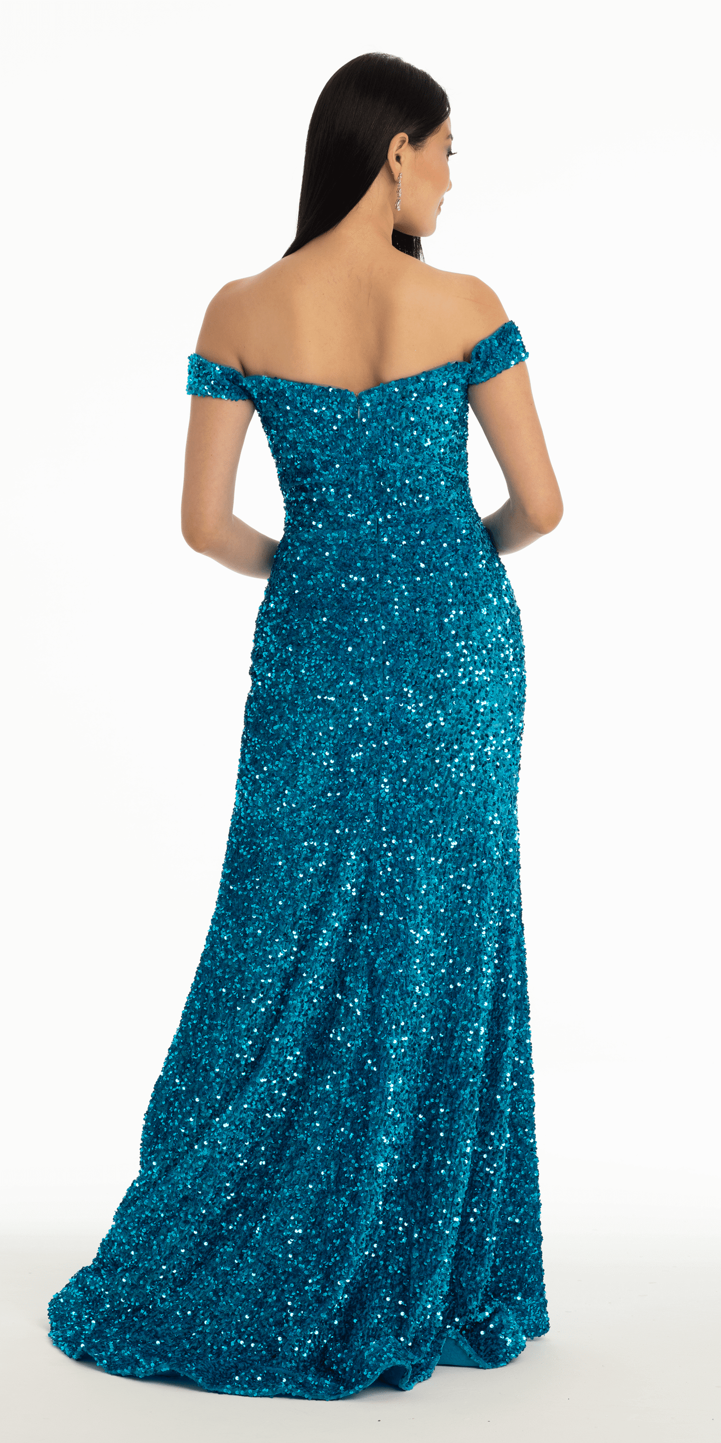 teal/size/00/missy/Camille La Vie/Velvet Sequin Off the Shoulder Cut Out Trumpet Dress/back