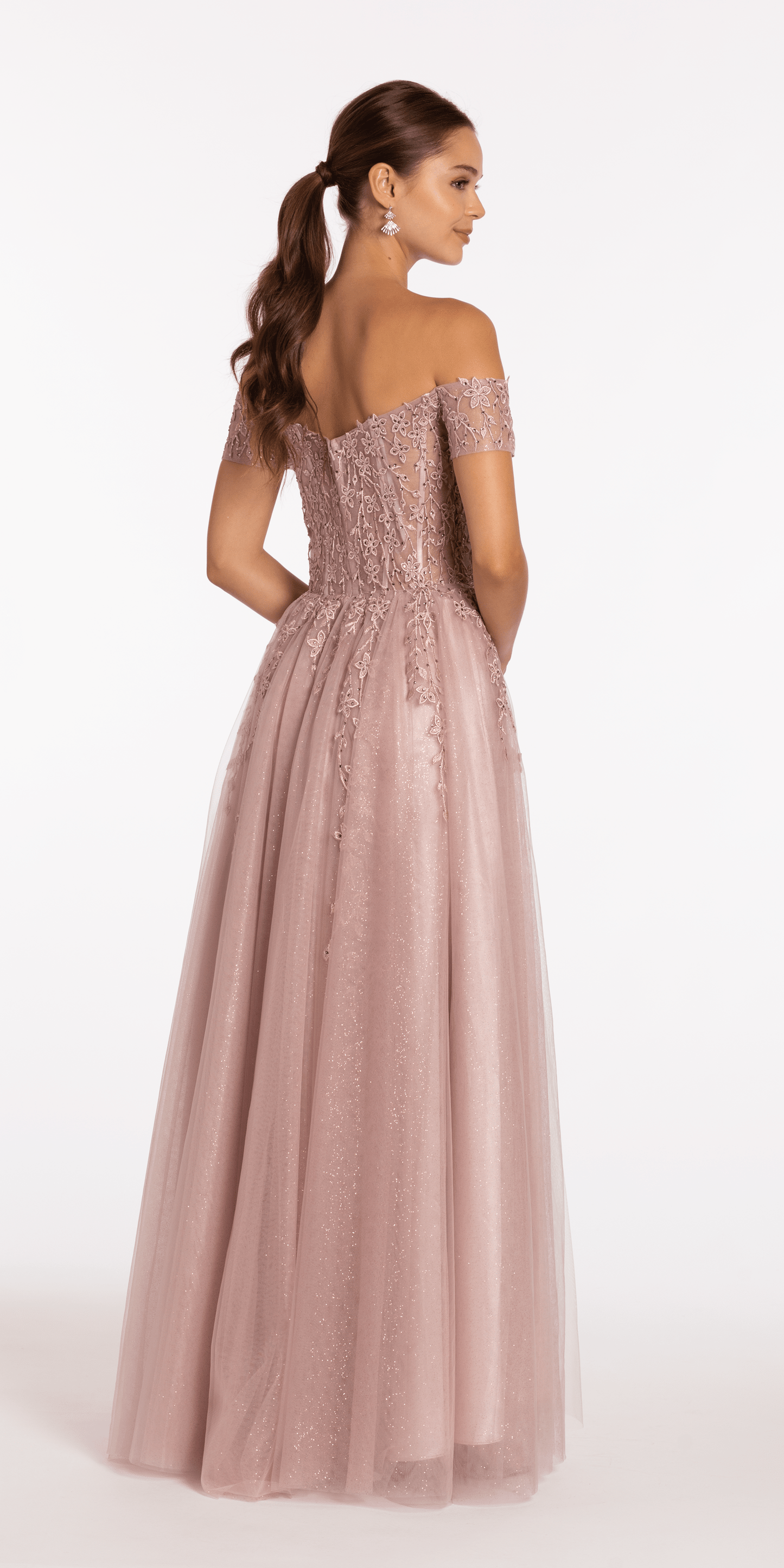 Camille La Vie/ Off the Shoulder Embroidered Tulle Ballgown /missy/size/0 rose/back