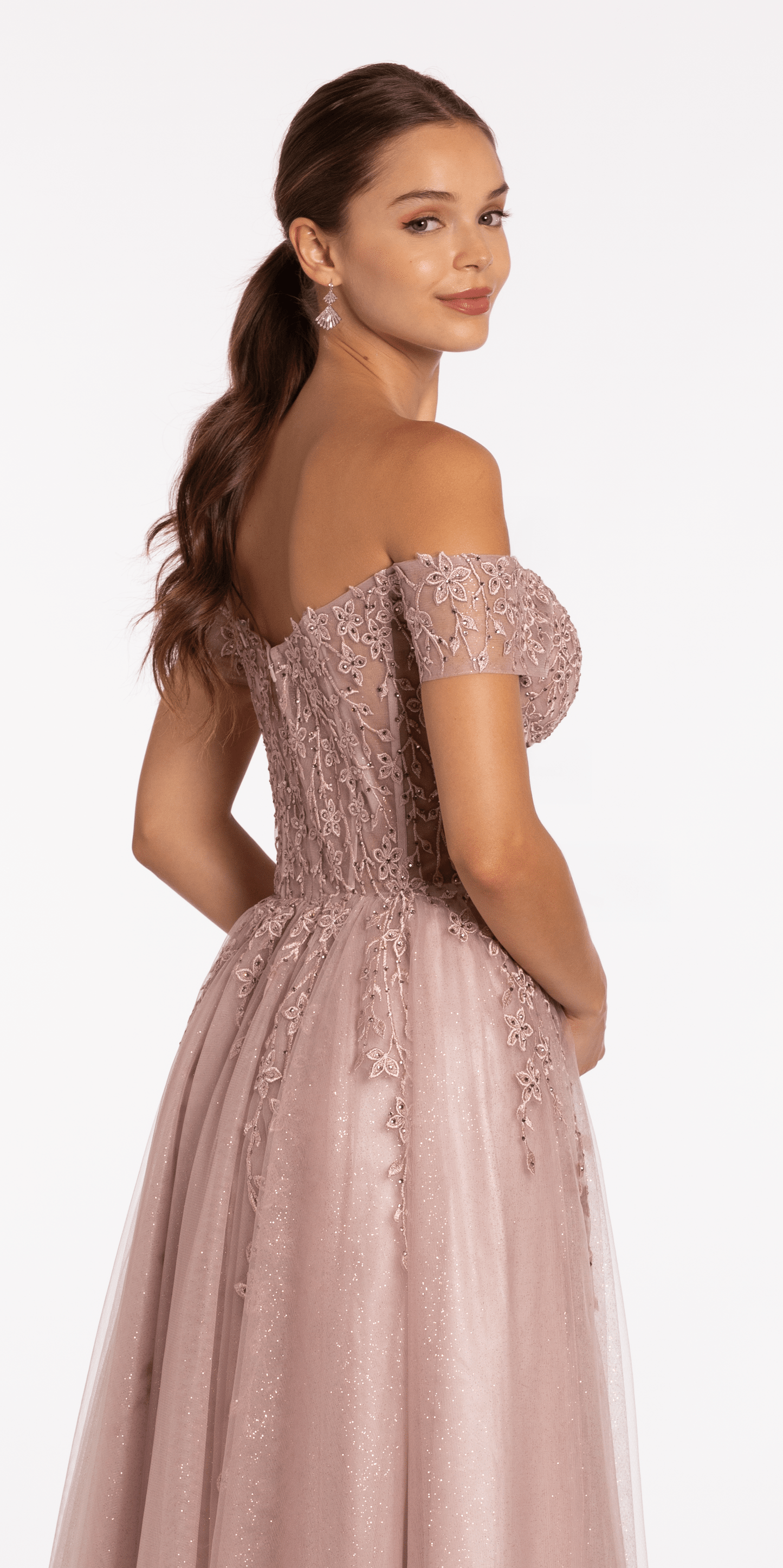 Camille La Vie/ Off the Shoulder Embroidered Tulle Ballgown /missy/size/0 rose/close up