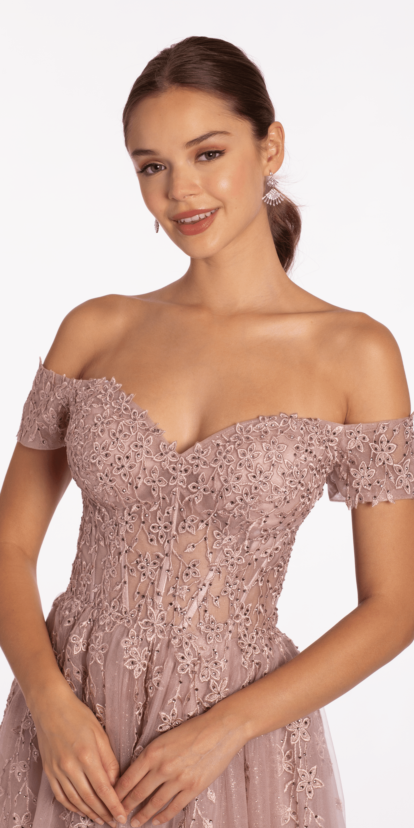 Camille La Vie/ Off the Shoulder Embroidered Tulle Ballgown /missy/size/0 rose/close up