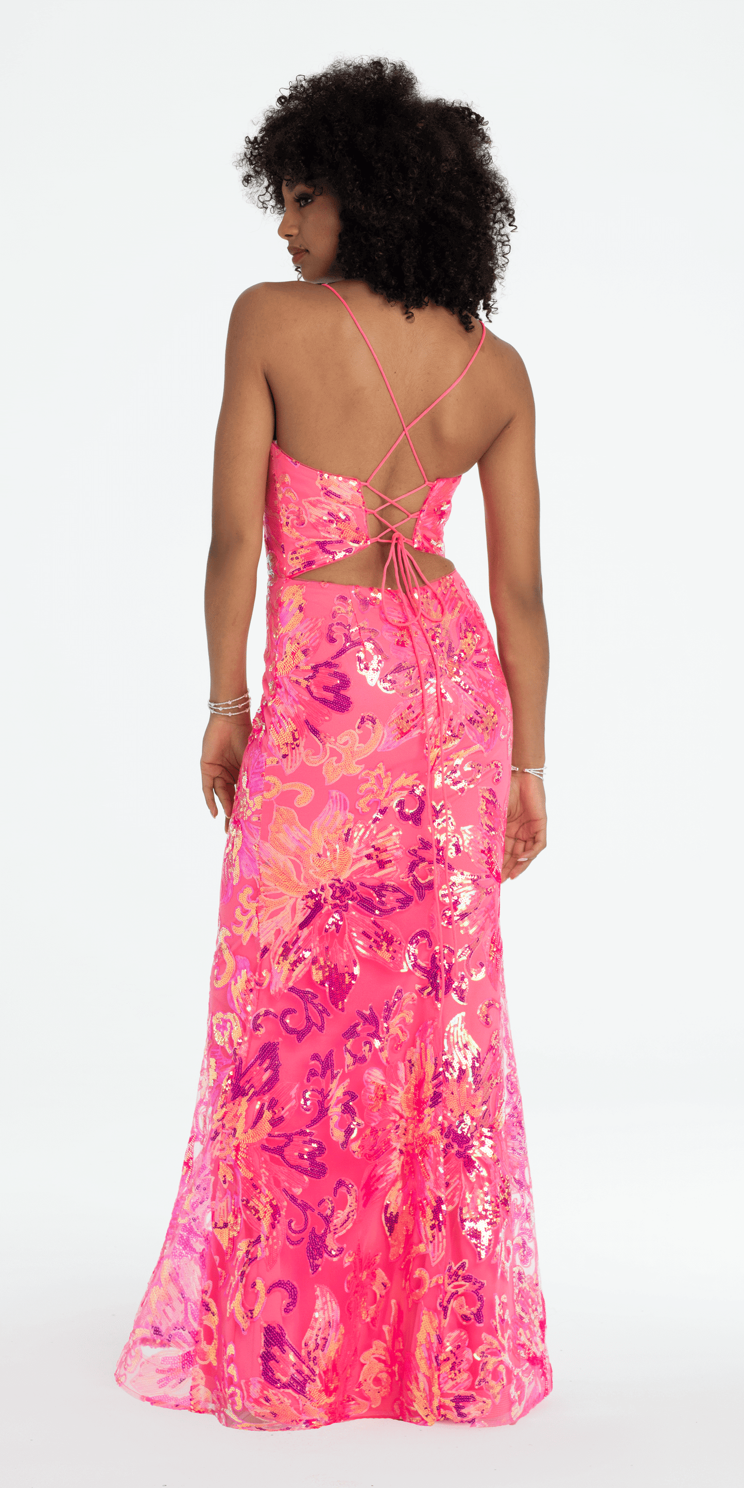 pink/size/4/missy/Camille La Vie/Strappy Lace Up Back Trumpet Dress with Sequin Floral Motif/back