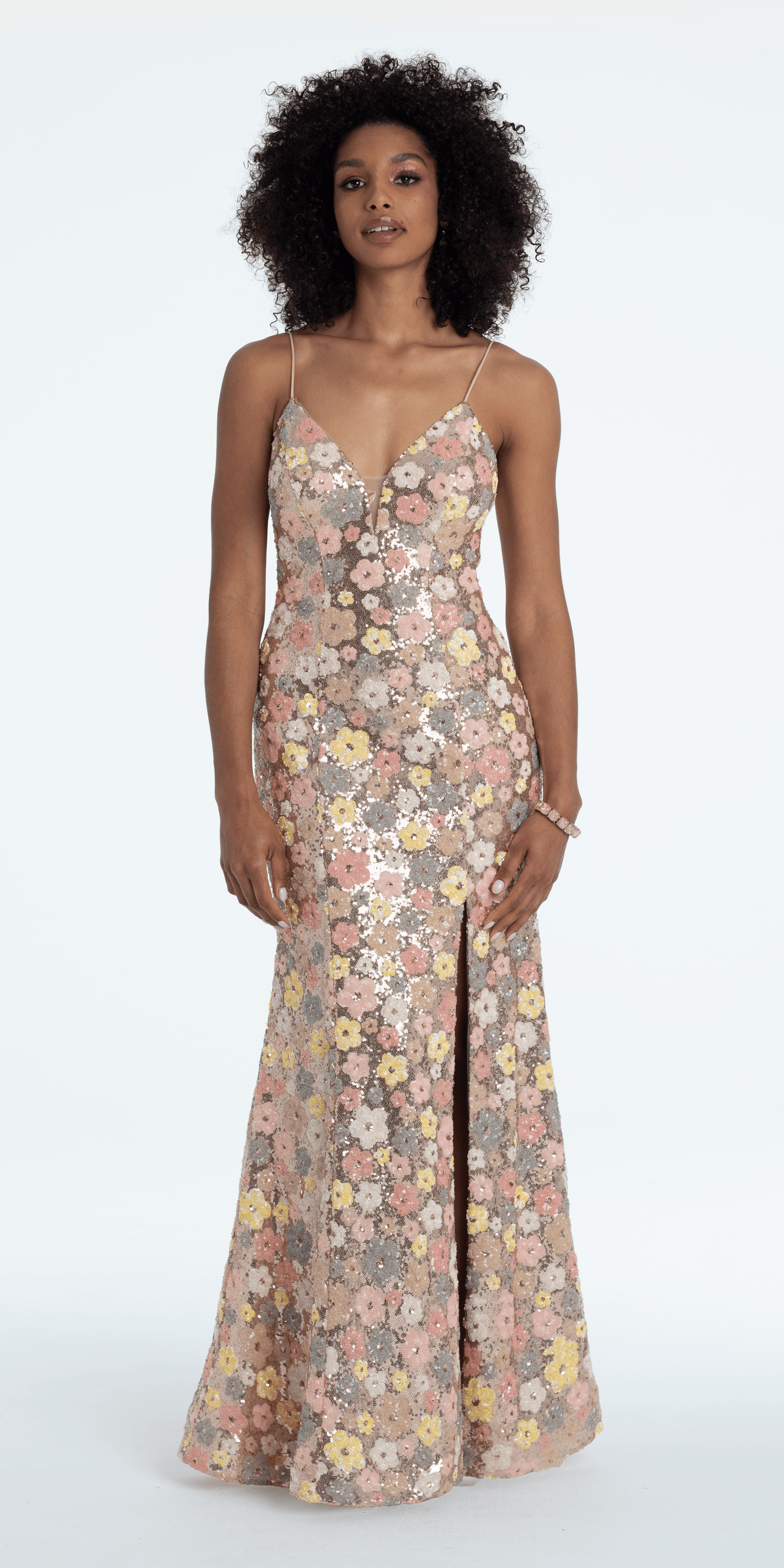 gold Size 6 missy Camille La Vie Plunging Sequin Daisy Lace Up Back Trumpet Dress
