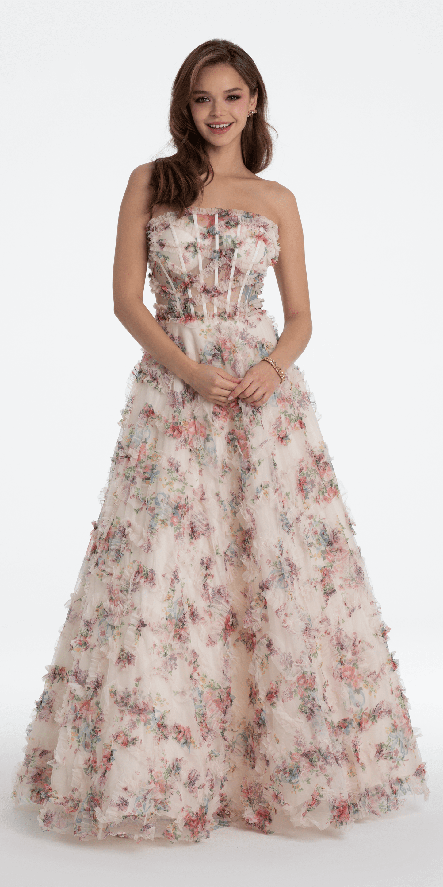 ivory-multi Size 0 missy Camille La Vie Strapless Ruffle Floral Print Ballgown