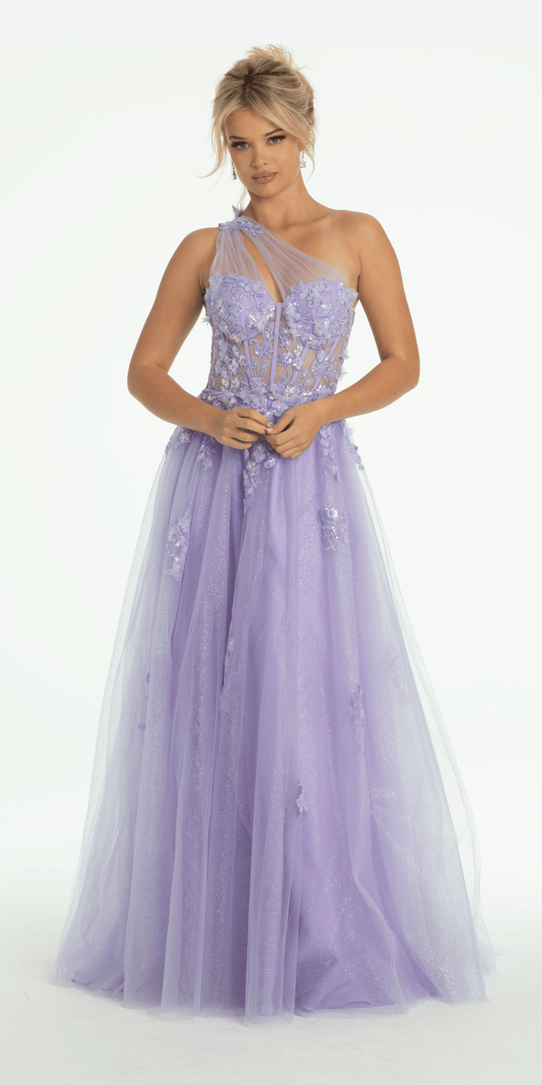 Glitter Mesh One Shoulder Corset Ballgown with Side Slit Image 2