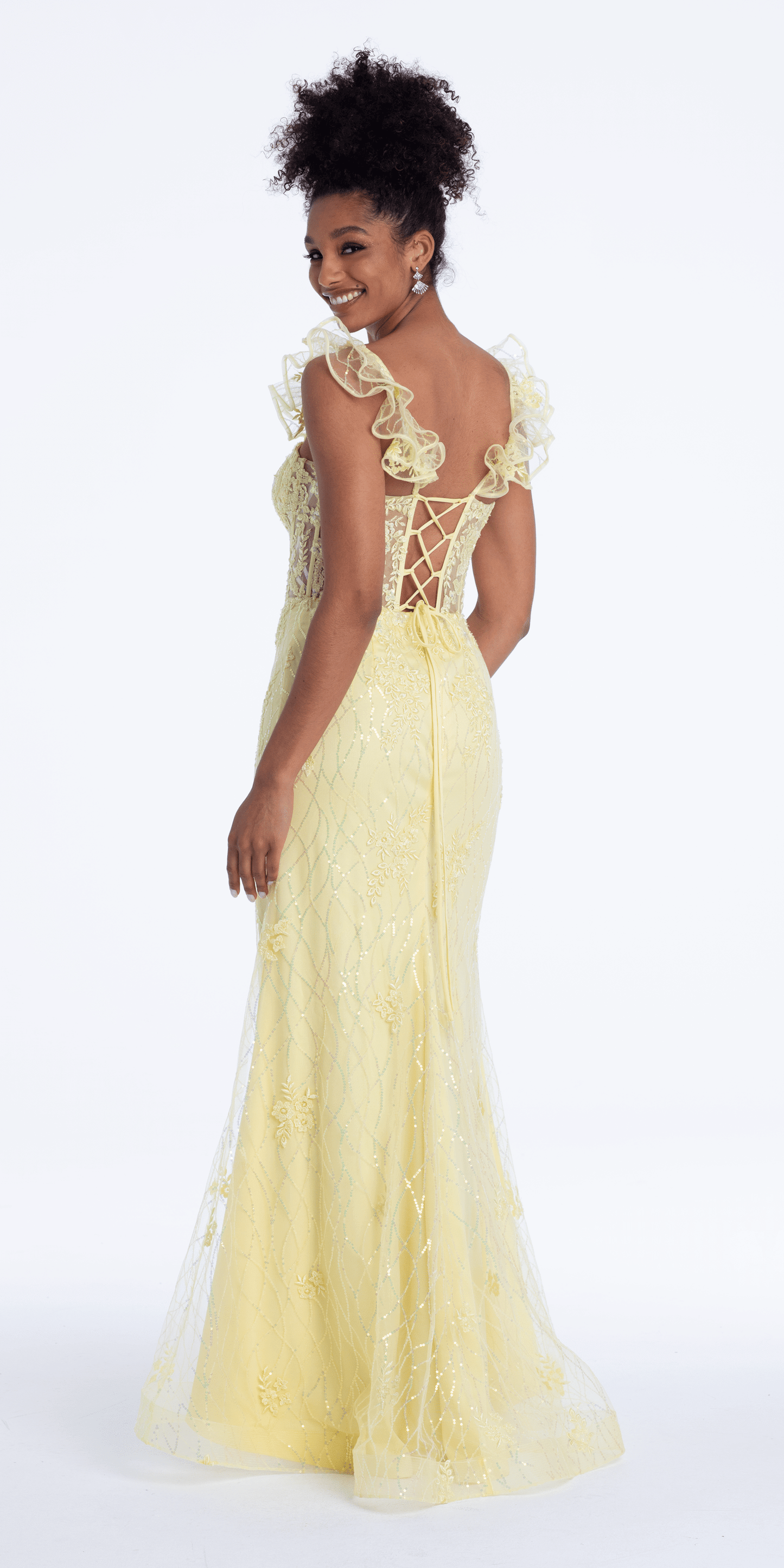 yellow/size/00/missy/Camille La Vie/Ruffle Shoulder Corset Column Dress with Sequins/back alt