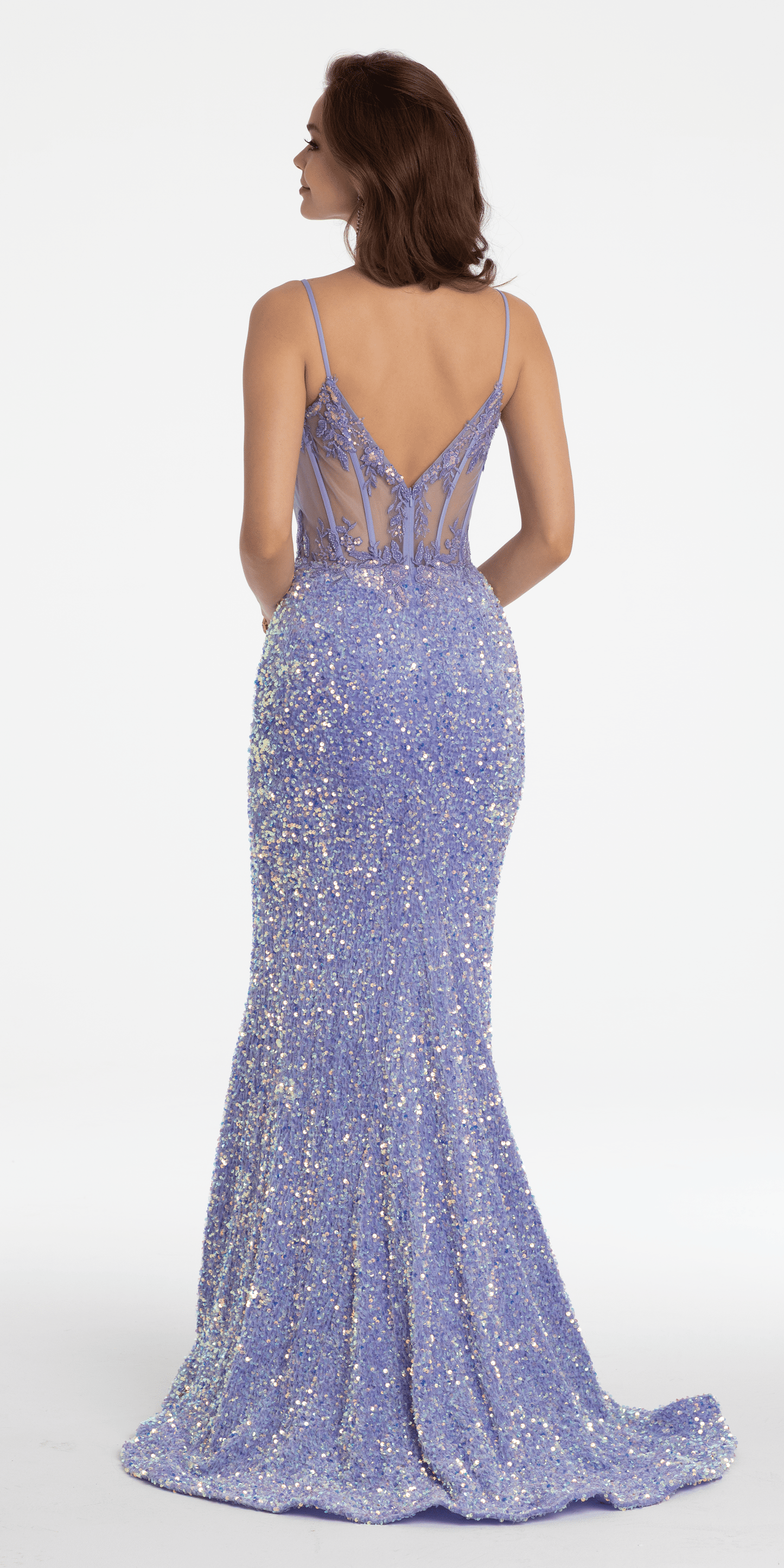 lilac Size 00 missy Camille La Vie Plunging Sequin Velvet Corset Column Dress with Side Slit