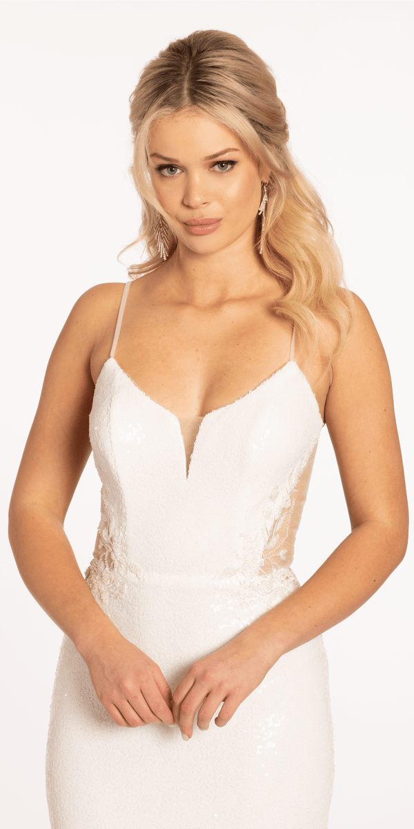 Shop Formal Dress - Sequin Embellished Plunge Trumpet Dress with Keyhole Back third image