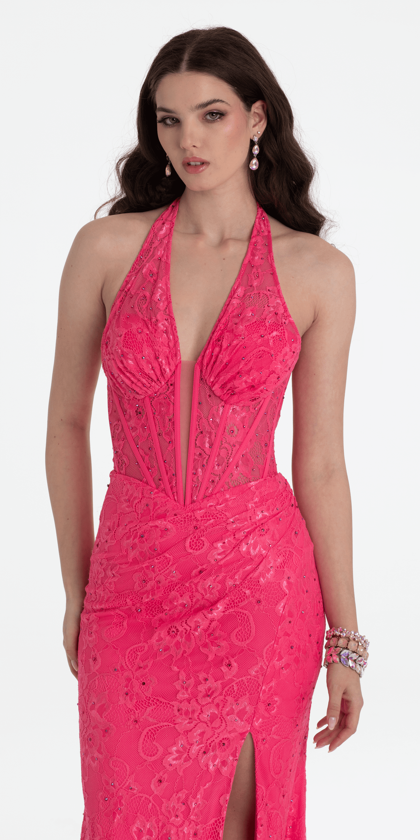 Camille La Vie /Beaded Stretch Lace Halter Corset Column Dress /petite / size/0/ fuchsia/close up