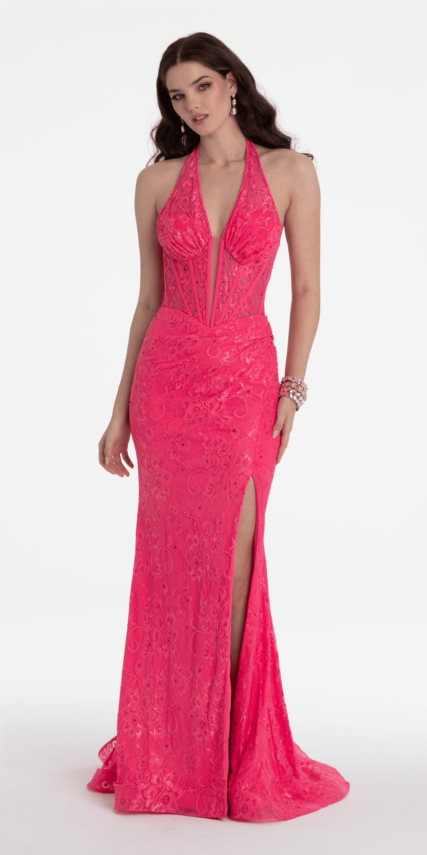 Camille La Vie /Beaded Stretch Lace Halter Corset Column Dress /petite / size/0/ fuchsia/front